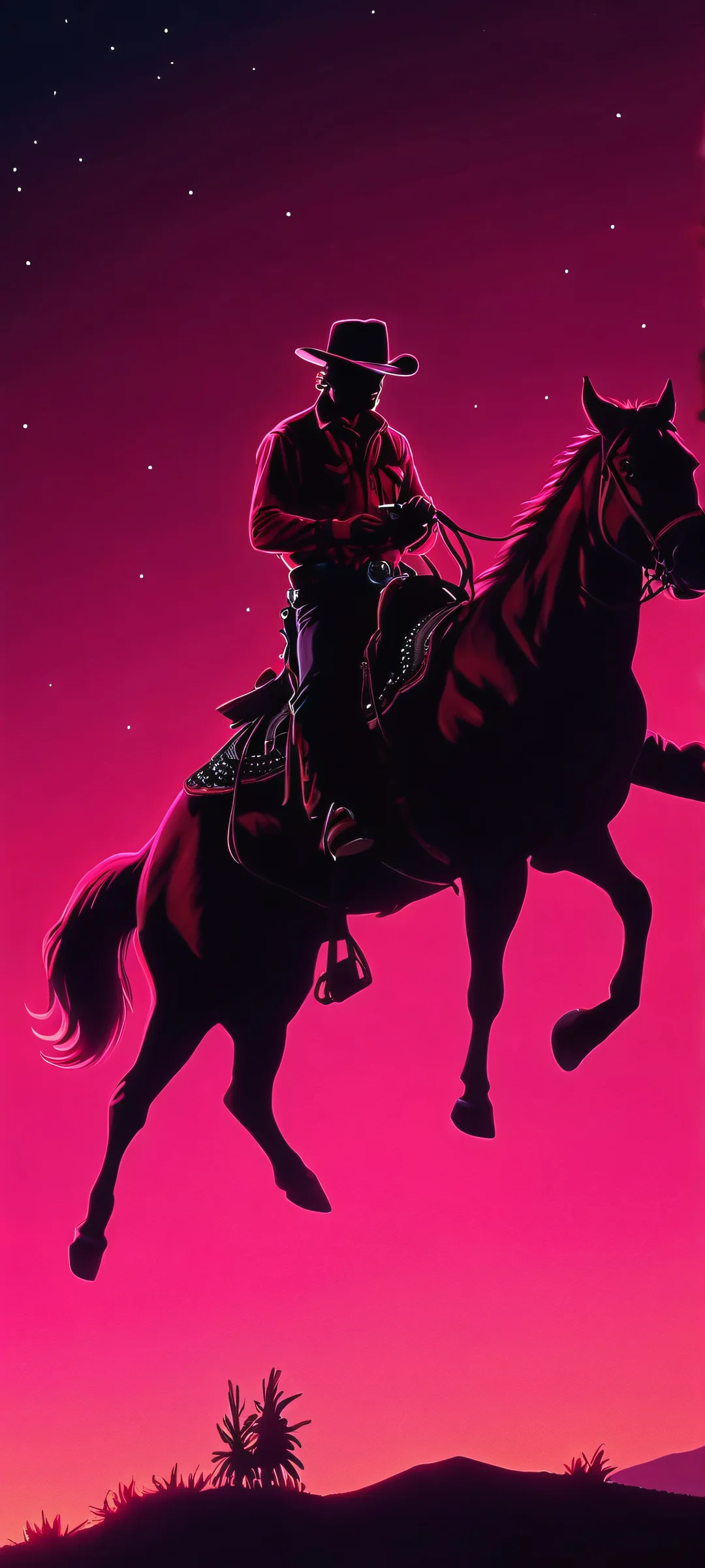 A dramatic cowboy scene at night, perfectly optimized for iPhone and Android home screens.