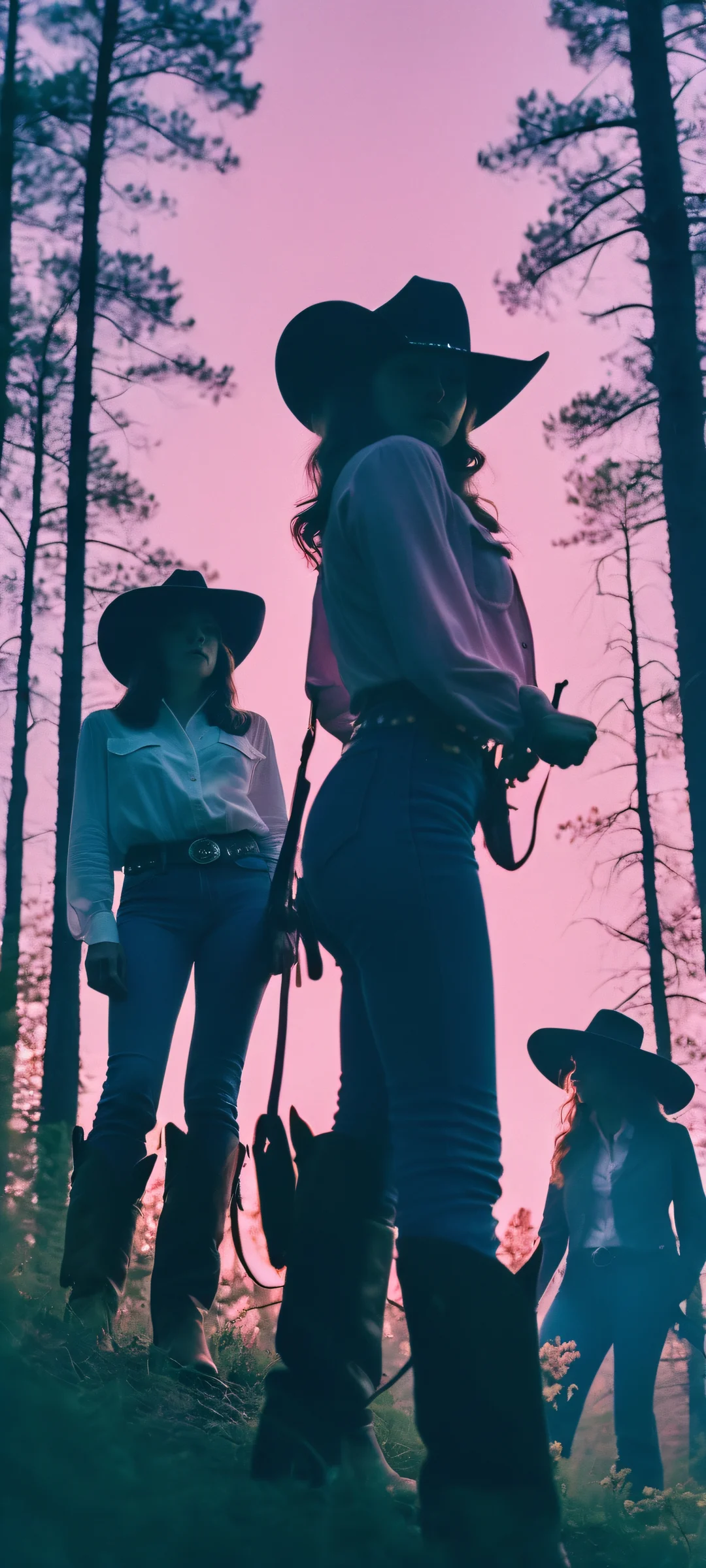 Cowgirl trio silhouette against a mystical forest at night, perfectly optimized for iPhone and Android home screens.