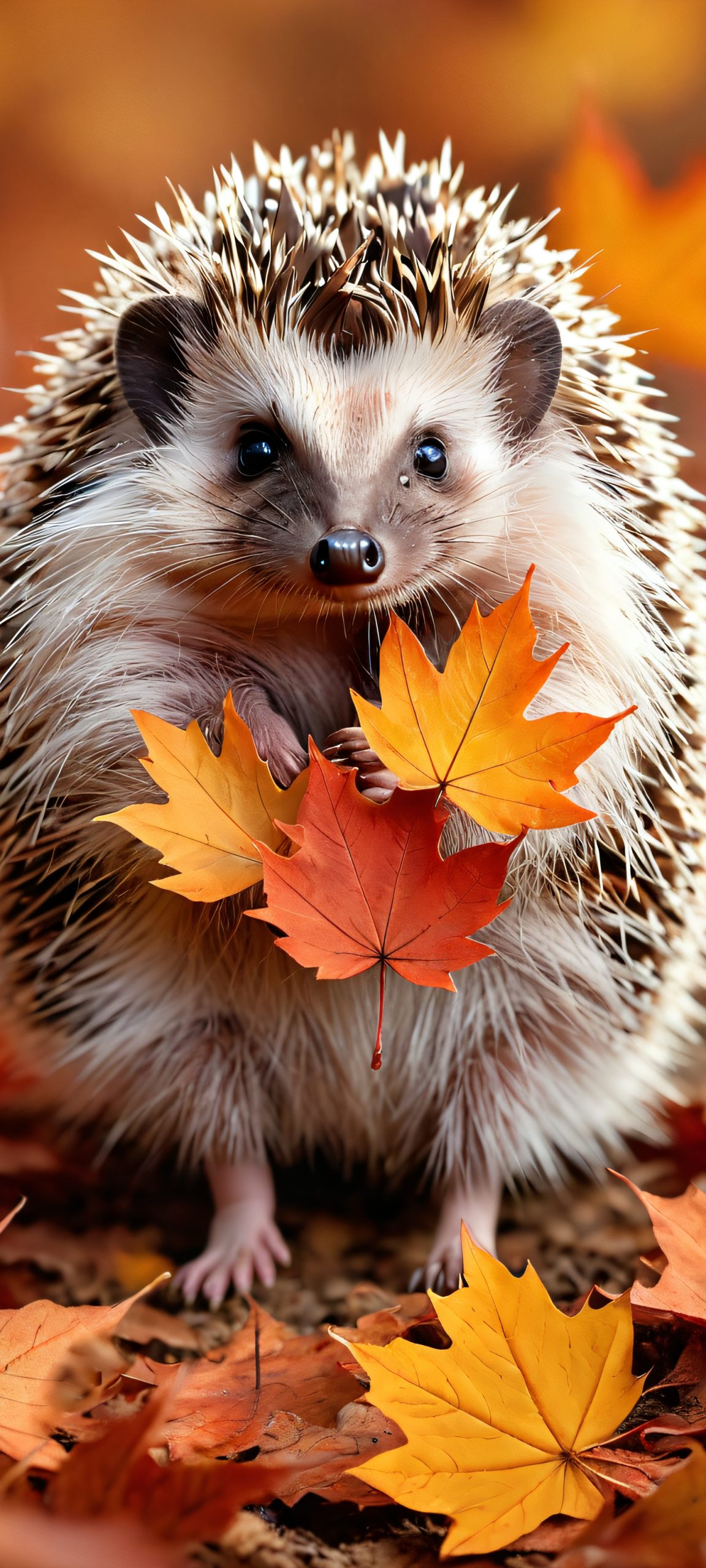 Cozy Hedgehog Amidst Golden Leaves iPhone & Samsung QHD Wallpaper A heartwarming image of a hedgehog surrounded by fall leaves on an iPhone or Android phone's home screen.