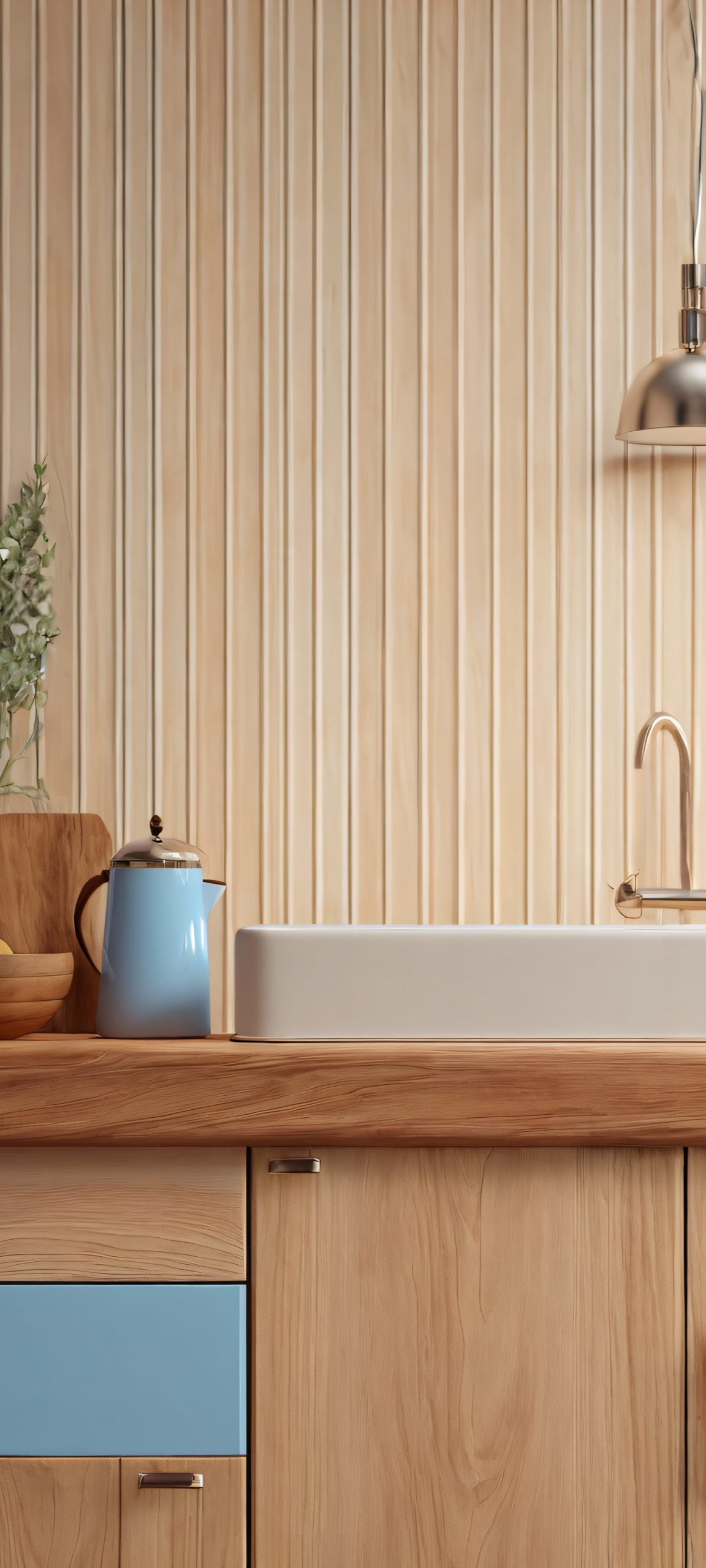 Breathtaking kitchen scene for iPhone and Android, showcasing warm wooden tones and soft blue hues.