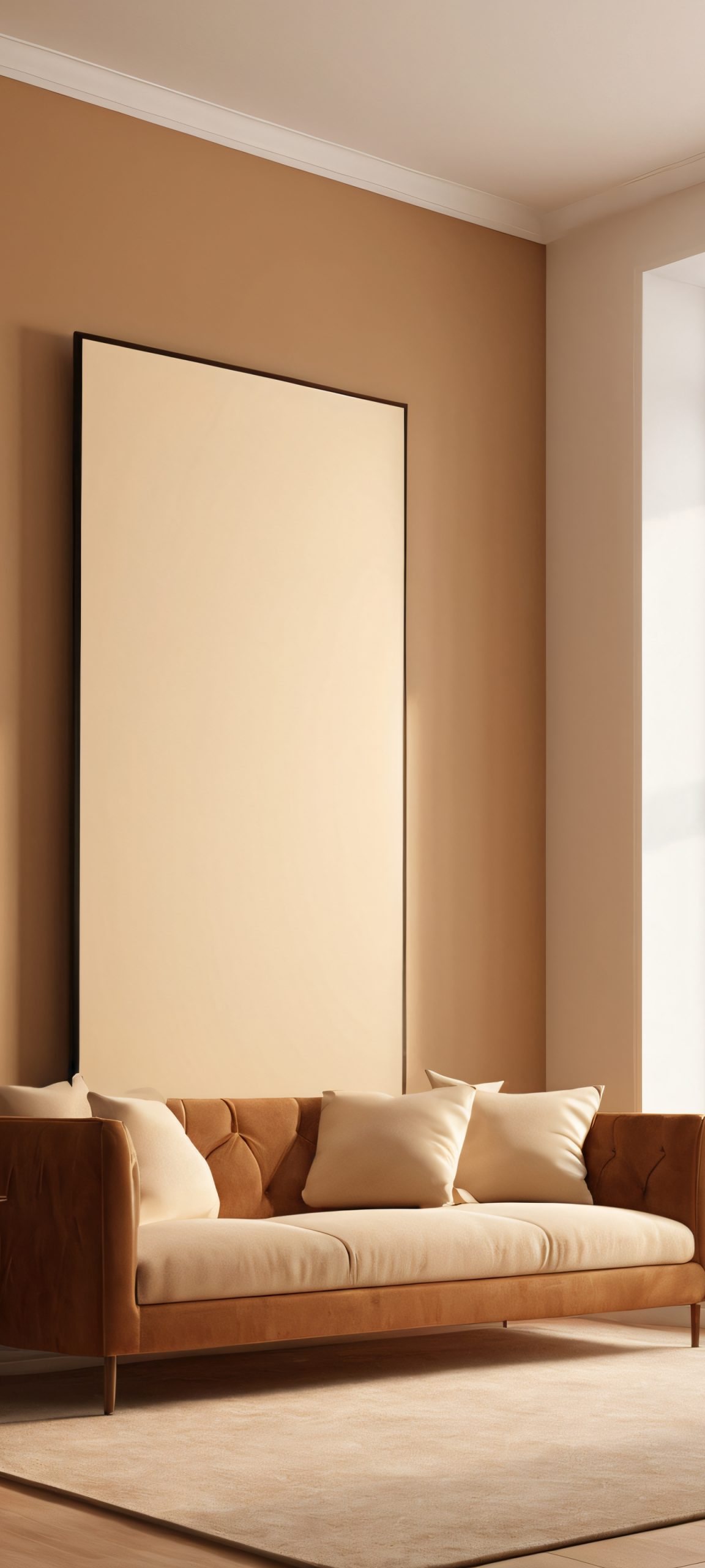 Relax in this serene iPhone/Android wallpaper, featuring a realistic living room with warm brown, beige, and cream tones, perfect for your home screen.