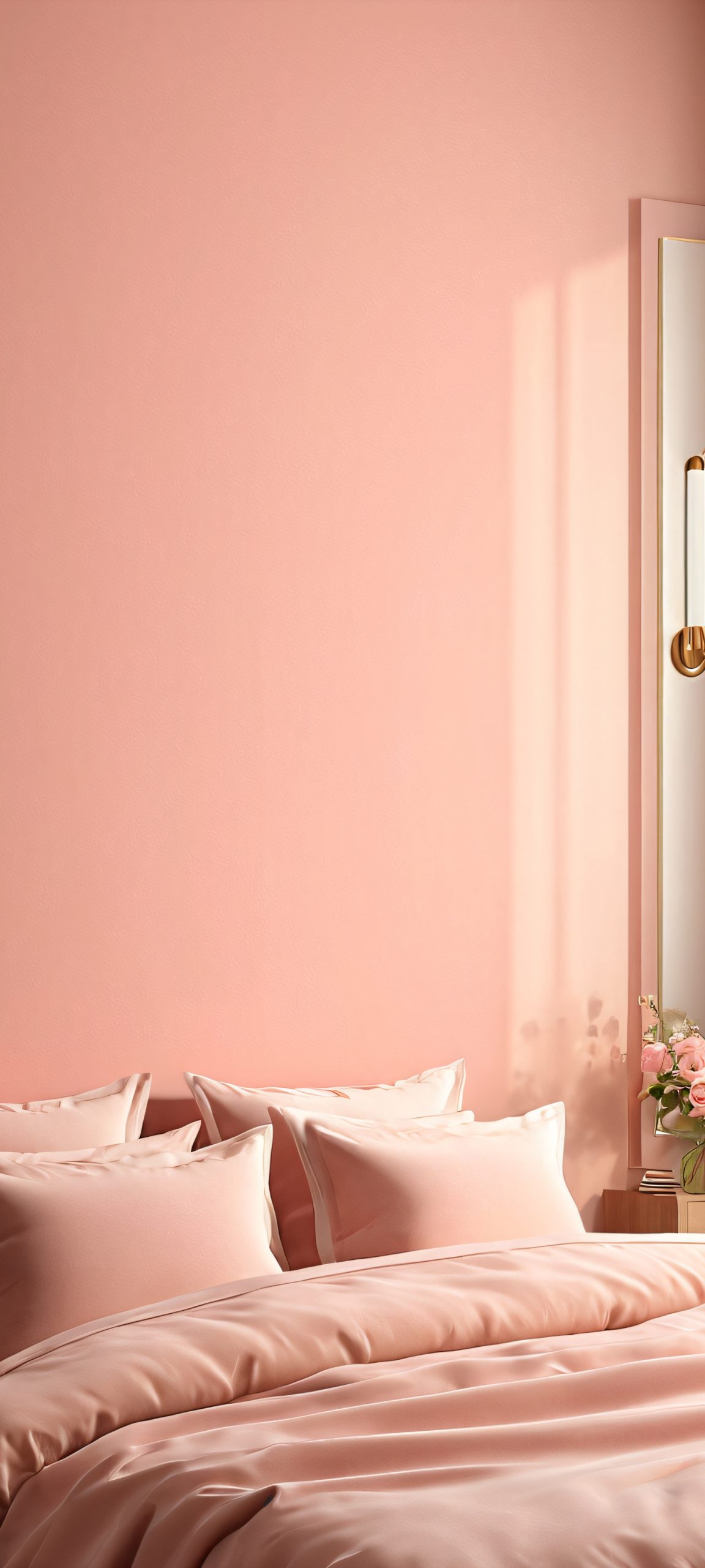 A serene bedroom scene, perfectly suited for your iPhone or Android device, with warm beige, cream, and soft pink tones.