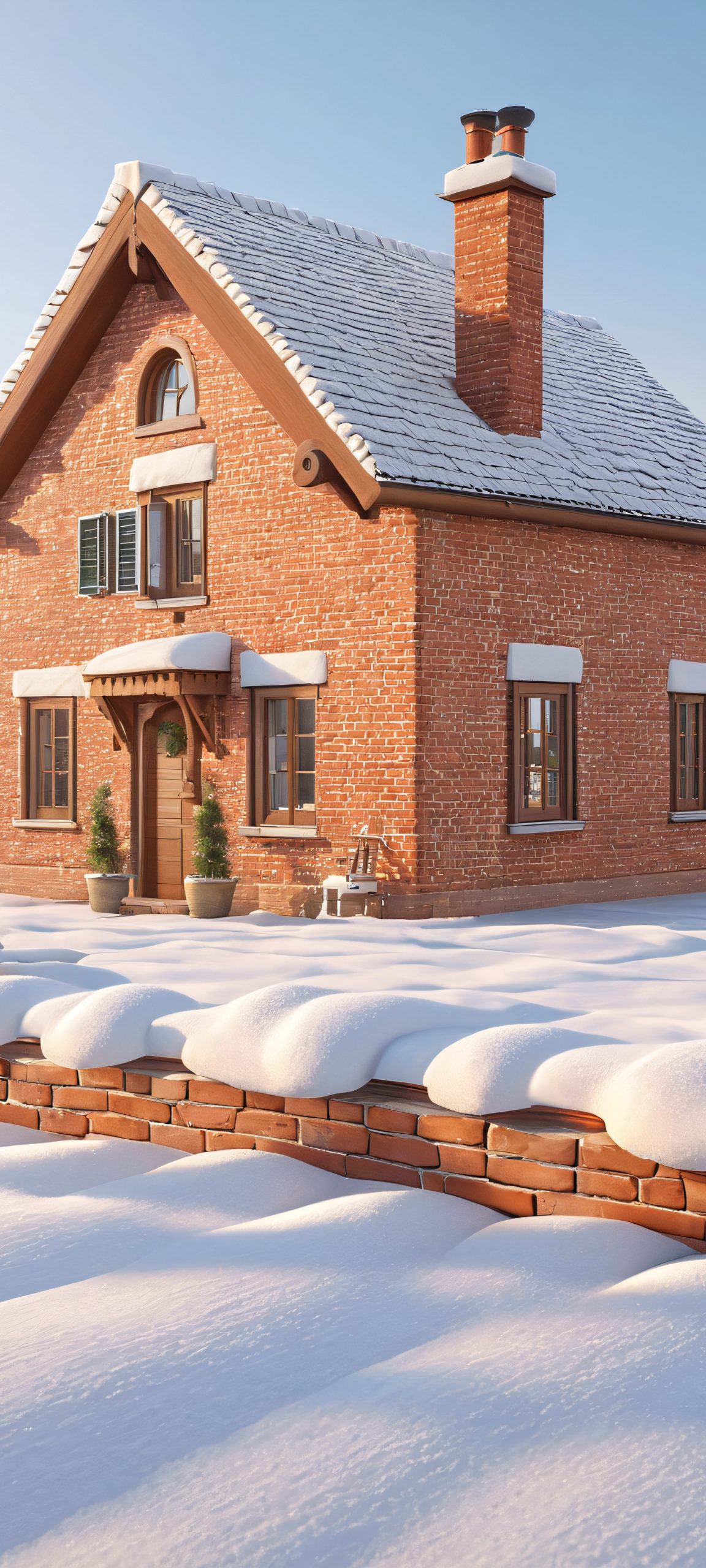 A serene small brick house surrounded by a snowy landscape, perfectly lit by soft morning light, suitable for iPhone and Android devices.
