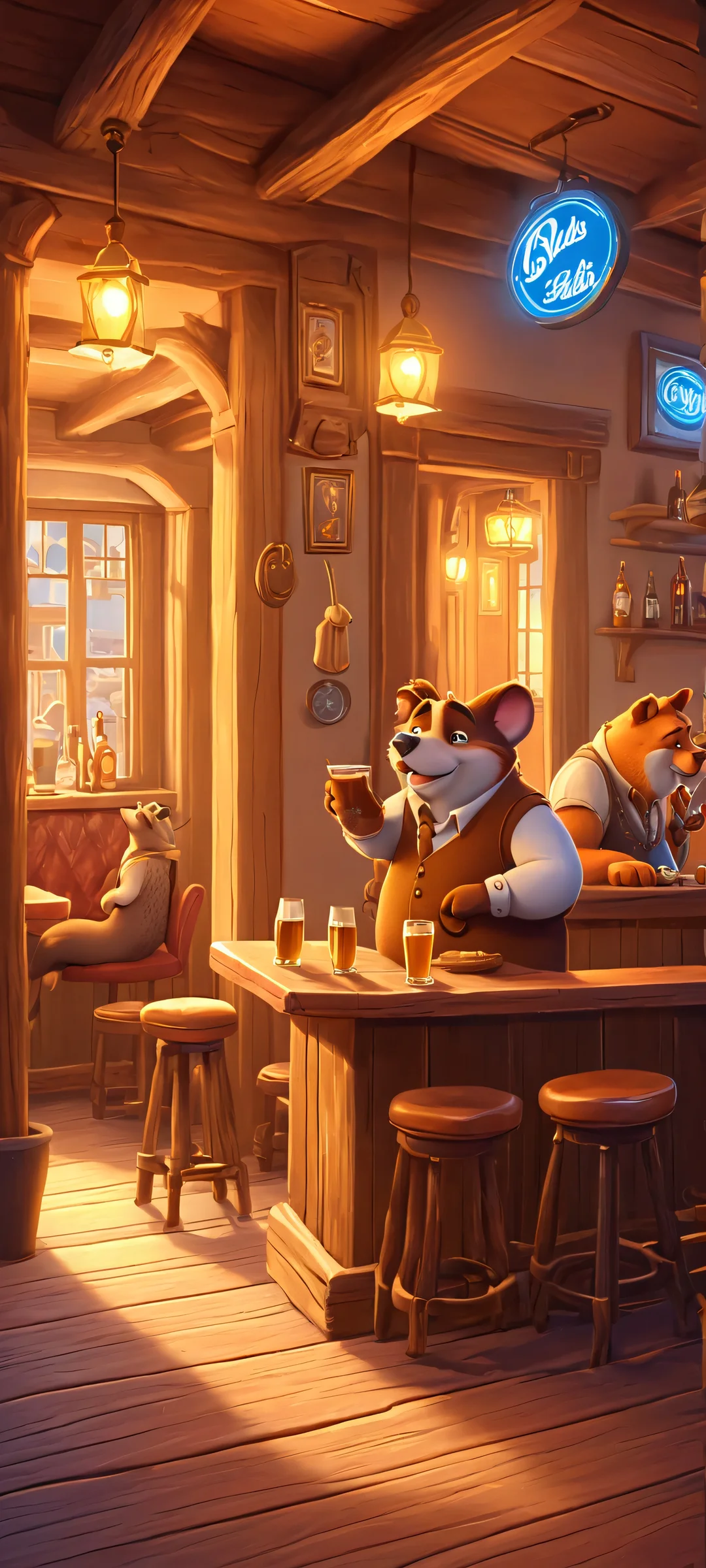 A heartwarming scene of a man surrounded by animals in a cozy tavern, perfect for iPhone and Android home screens.