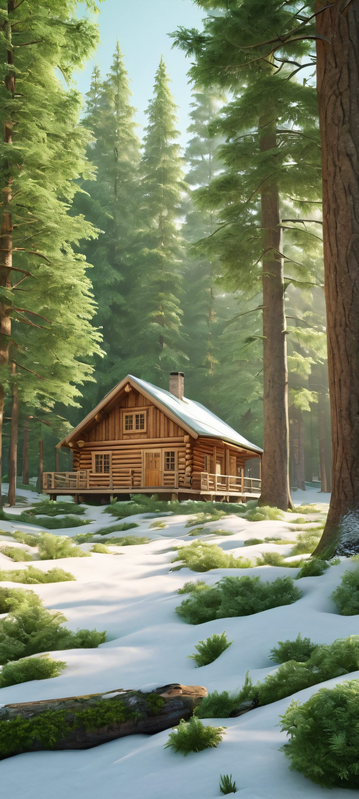 Beautiful winter cabin iPhone and Android wallpaper featuring a cozy cabin surrounded by forest and snow, perfect for your mobile device