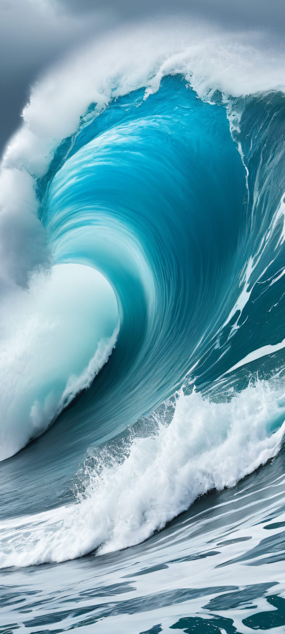 A stunning Crashing Wave mobile wallpaper for iPhone and Android, perfectly capturing the moody coastline with a dramatic overcast sky, featuring blue and white hues.