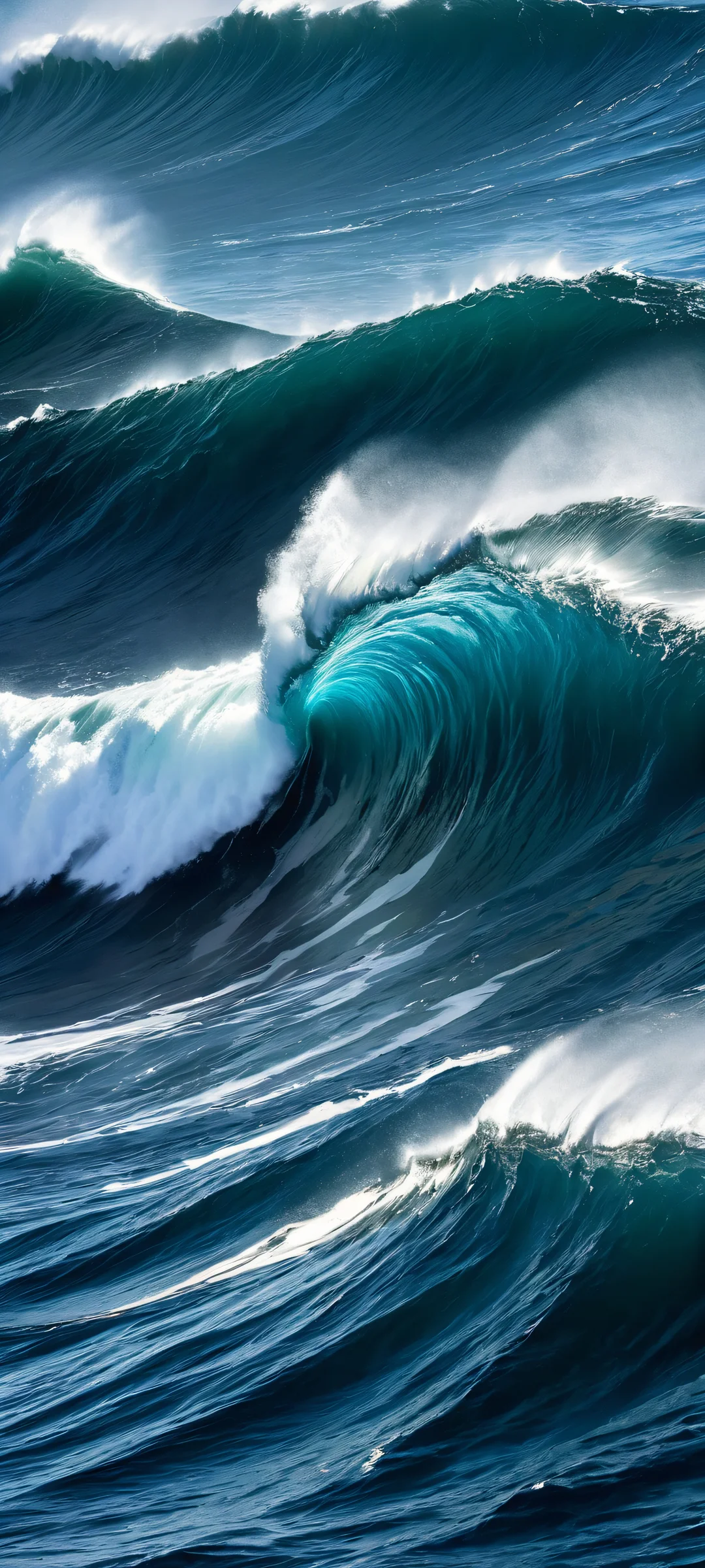 A stunning vertical mobile wallpaper of crashing waves on a dark ocean, perfectly optimized for iPhone and Android home screens.