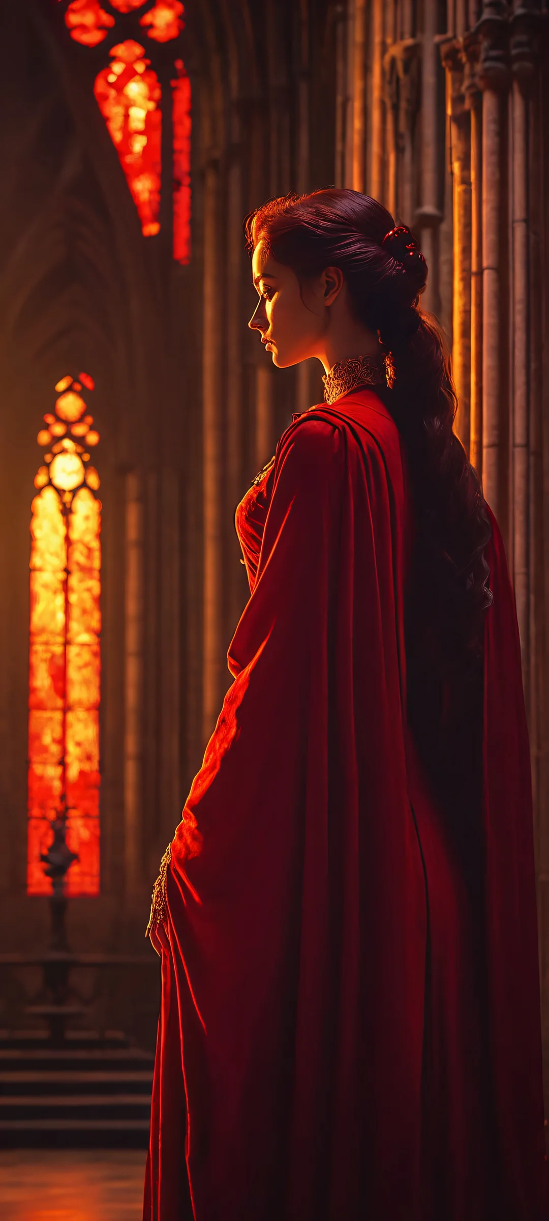 A crimson robed figure stands vigilantly in a darkened cathedral. iPhone や Android のホーム画面に最適.
