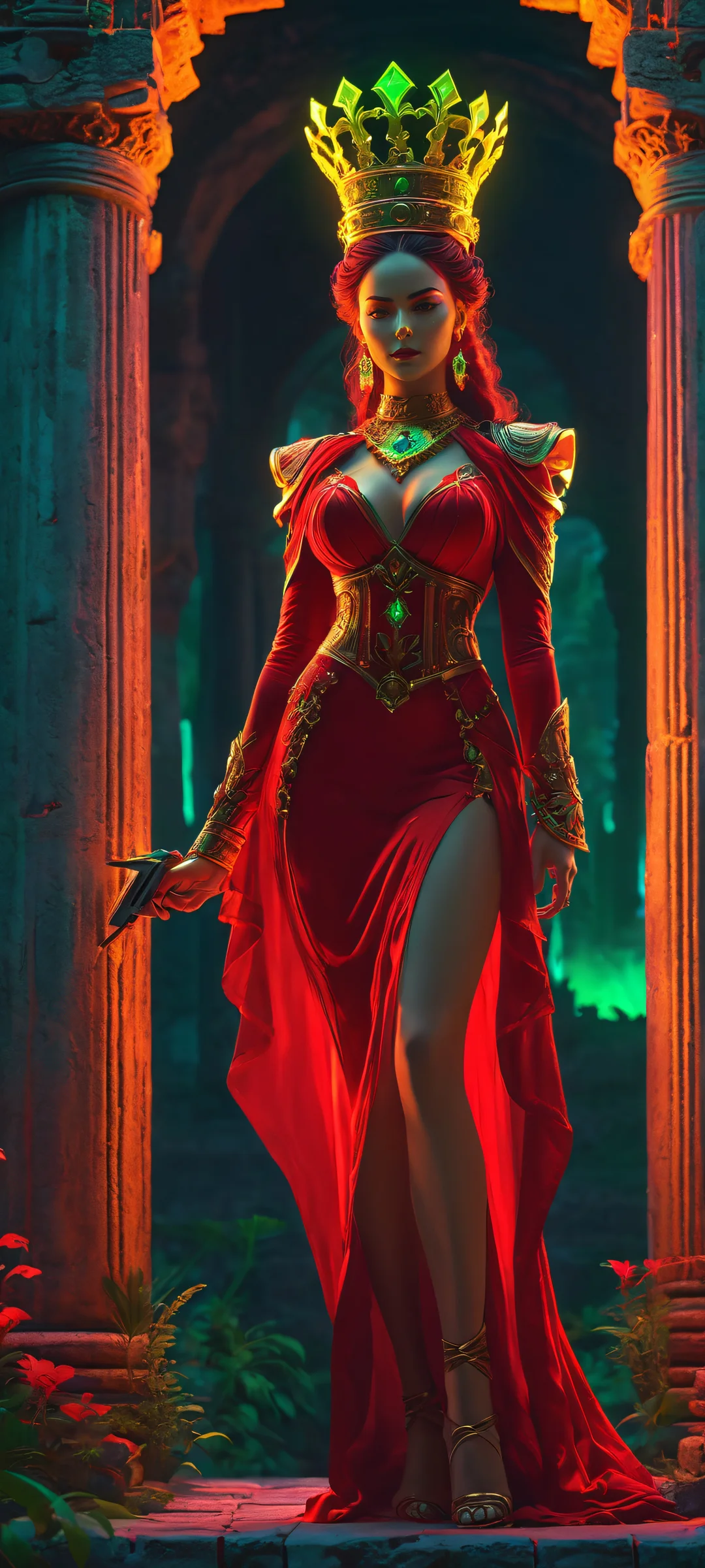 iPhone and Android user's dream wallpaper featuring an ancient ruin with a crimson figure wearing a golden crown, surrounded by neon greens and deep crimsonglow.
