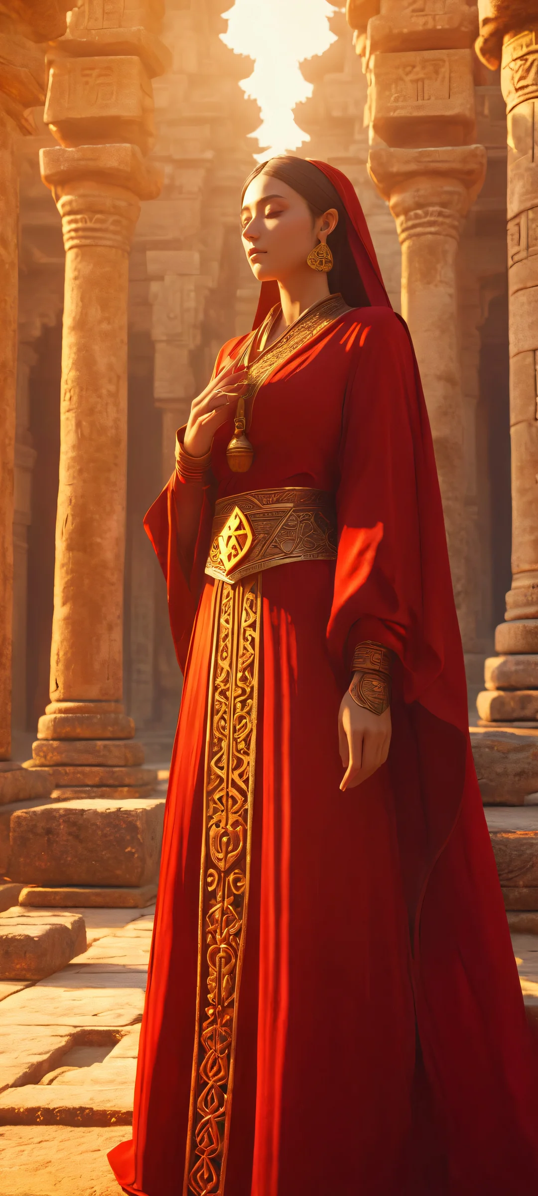 A majestic crimson robed figure stands amidst ancient temple ruins, surrounded by glowing runes and soft golden hues, perfect for iPhone or Android home screens.