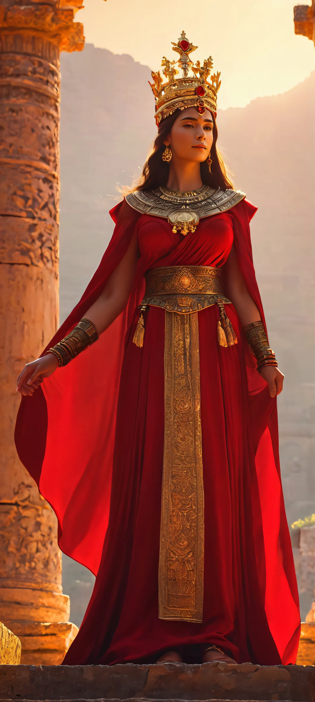 Ancient ruins with a crimson-robed figure standing proudly, illuminated by the warm glow of a golden crown - suitable for iPhone and Android devices.