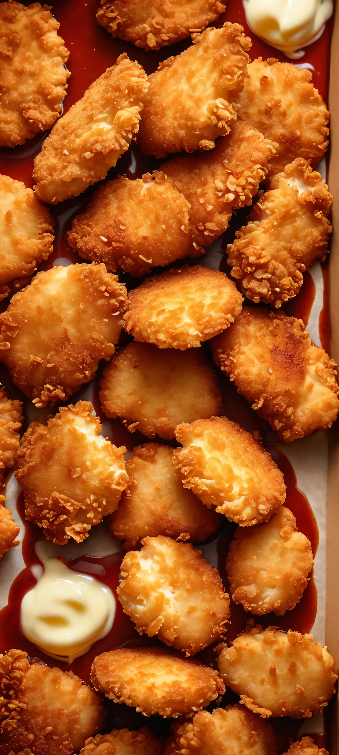 Savory crispy chicken nuggets in a fast-food box, perfectly lit with steam effect, ideal for iPhone/Android home screens.