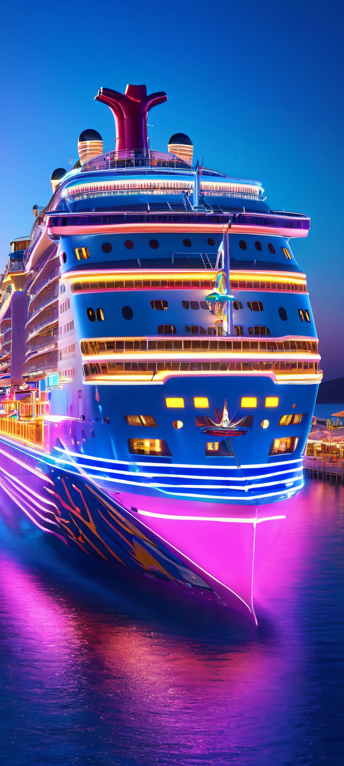 A stunning iPhone and Android compatible wallpaper featuring a majestic cruise ship docked on a luminous waterfront at night, perfect for your mobile phone's home screen.