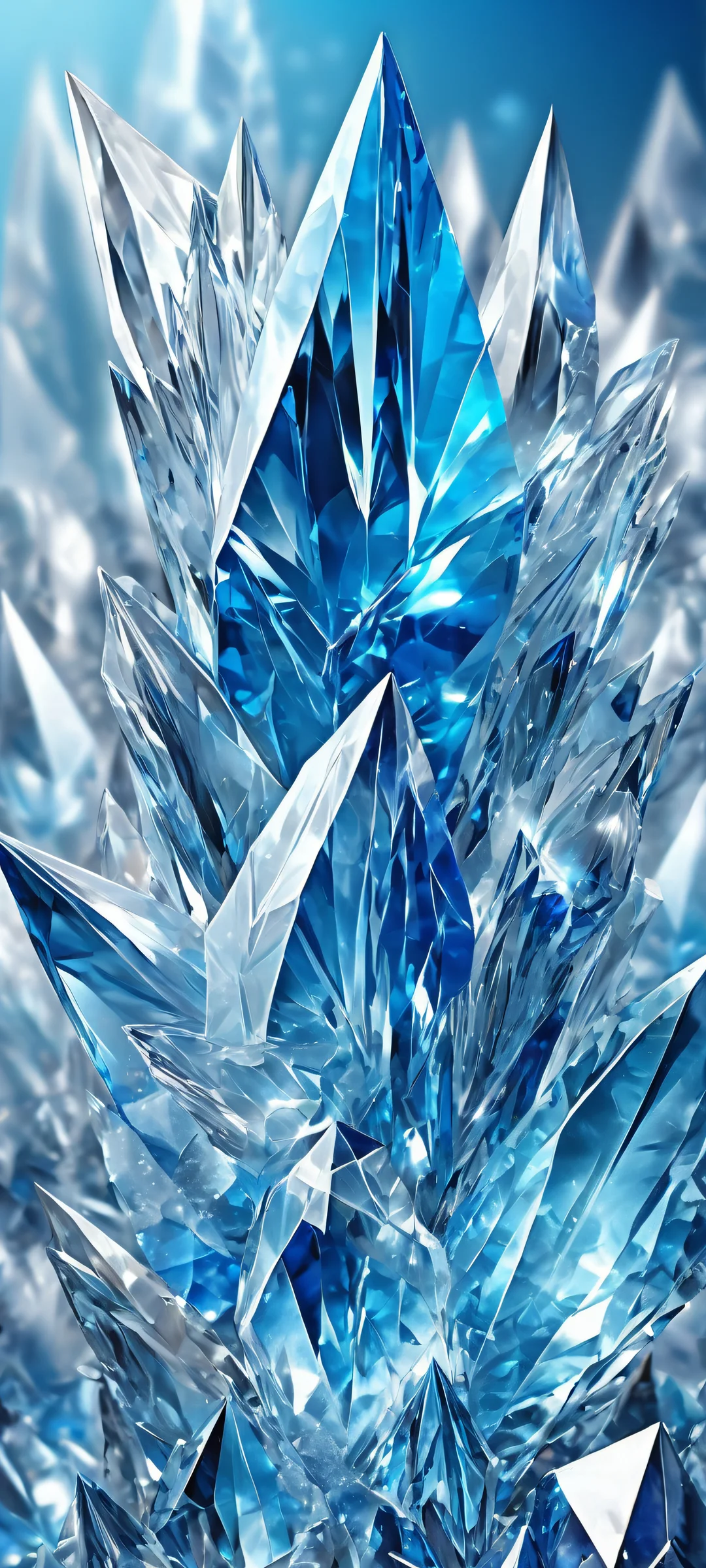A dazzling vertical mobile phone wallpaper featuring crystal shards in shimmering silver and glassy blue, perfectly optimized for iPhone, Samsung Galaxy, and Android home screens.
