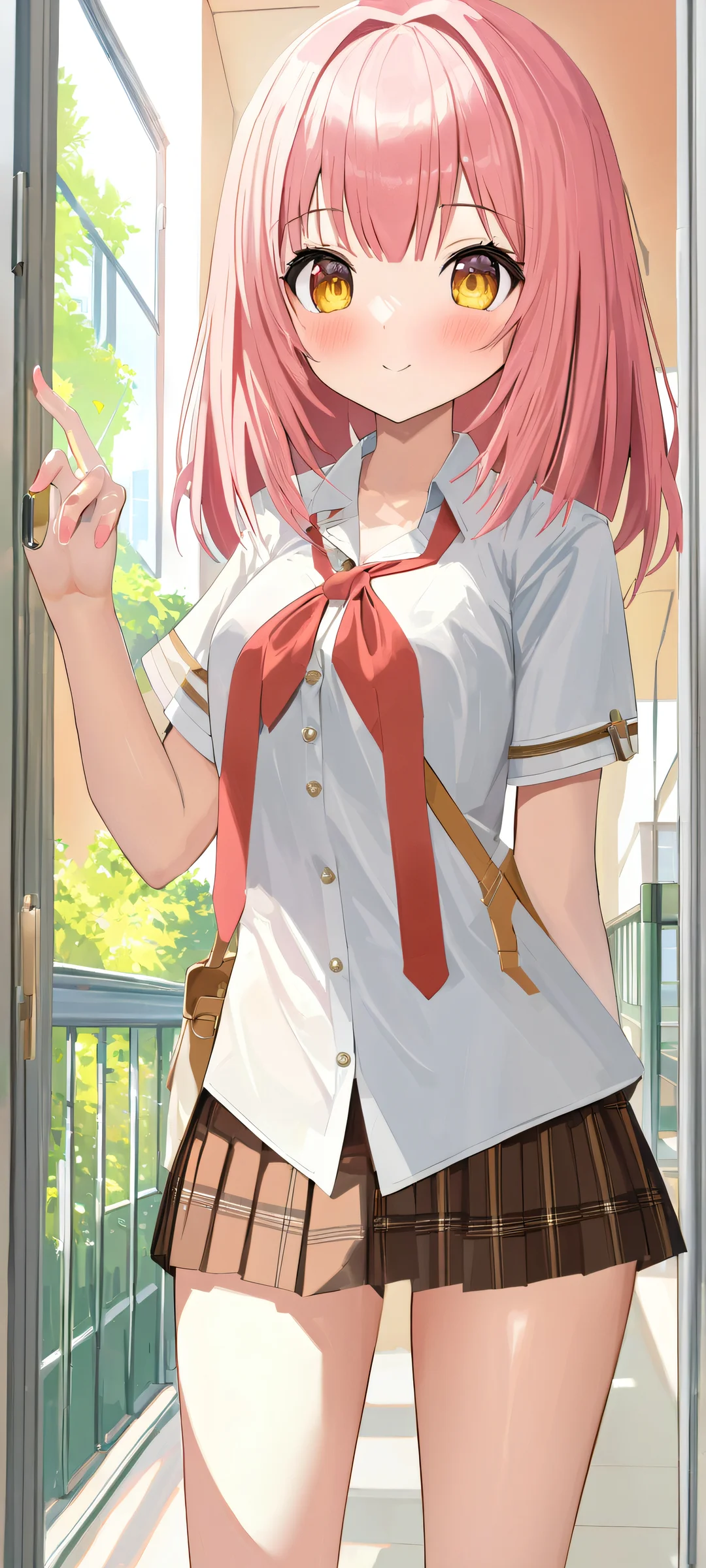 A lovely schoolgirl surrounded by pink and yellow hues on an iPhone/Android device.