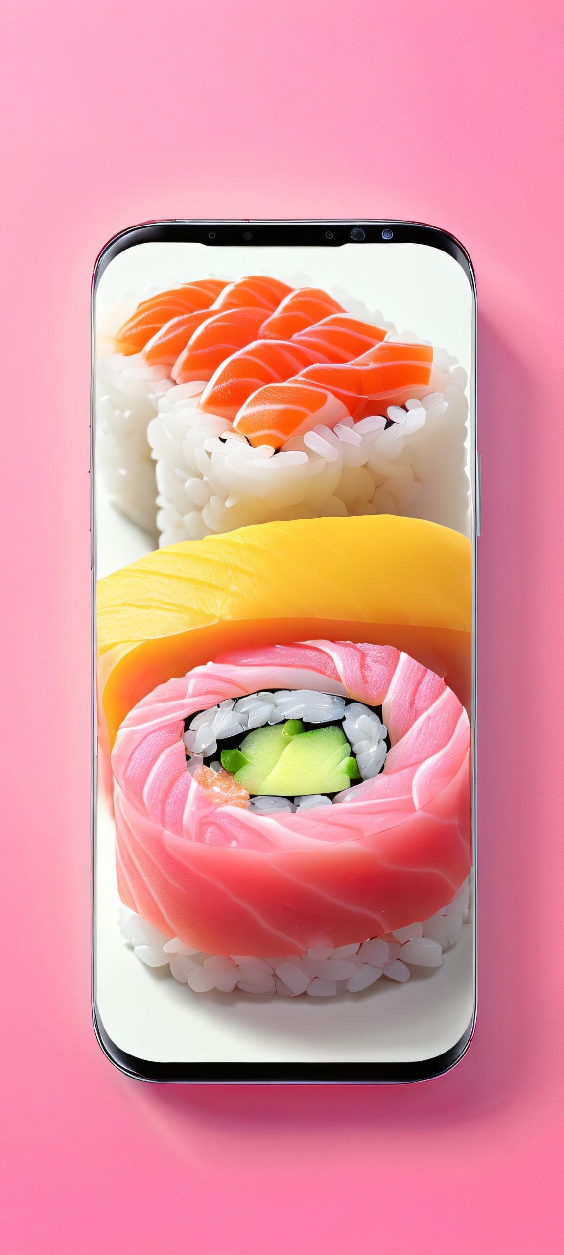 Cute Sushi Roll Delight 2K QHD Home Screen Adorable sushi roll illustration on a kitchen backdrop with soft glow, perfect for iPhone and Android home screens.