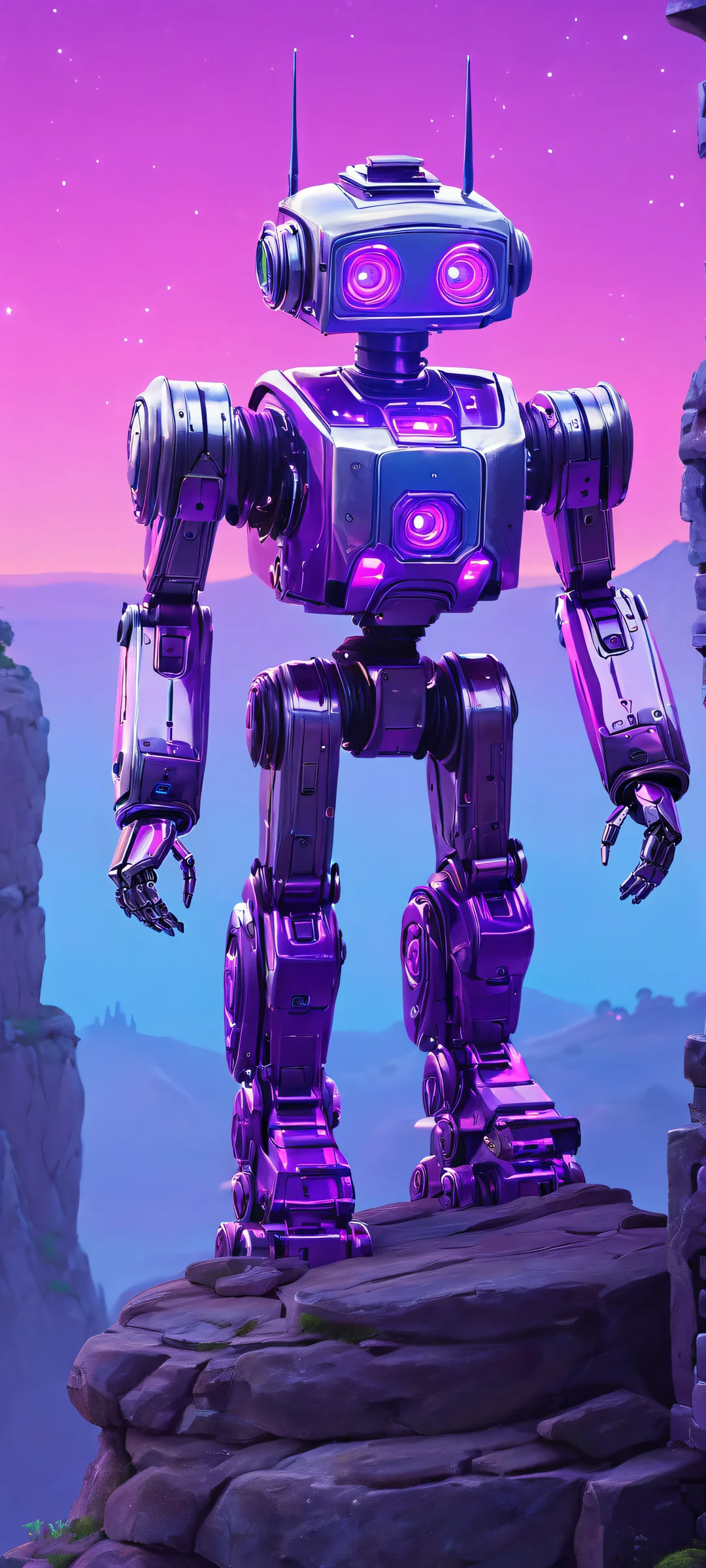 Cyber Dreamscape Lock Screen for iOS & Android iPhone and Android users alike will love this glowing neon robot castle rock painting masterpiece optimized for 2K QHD resolution.