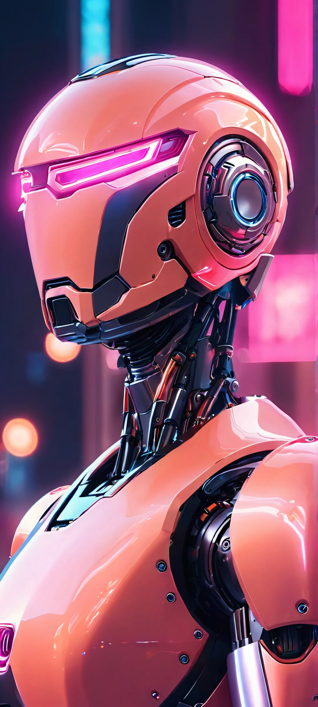 iPhone and Android users, get ready to mesmerize your screens with this glowing robot masterpiece, featuring a neon-lit background and peach-colored accents.