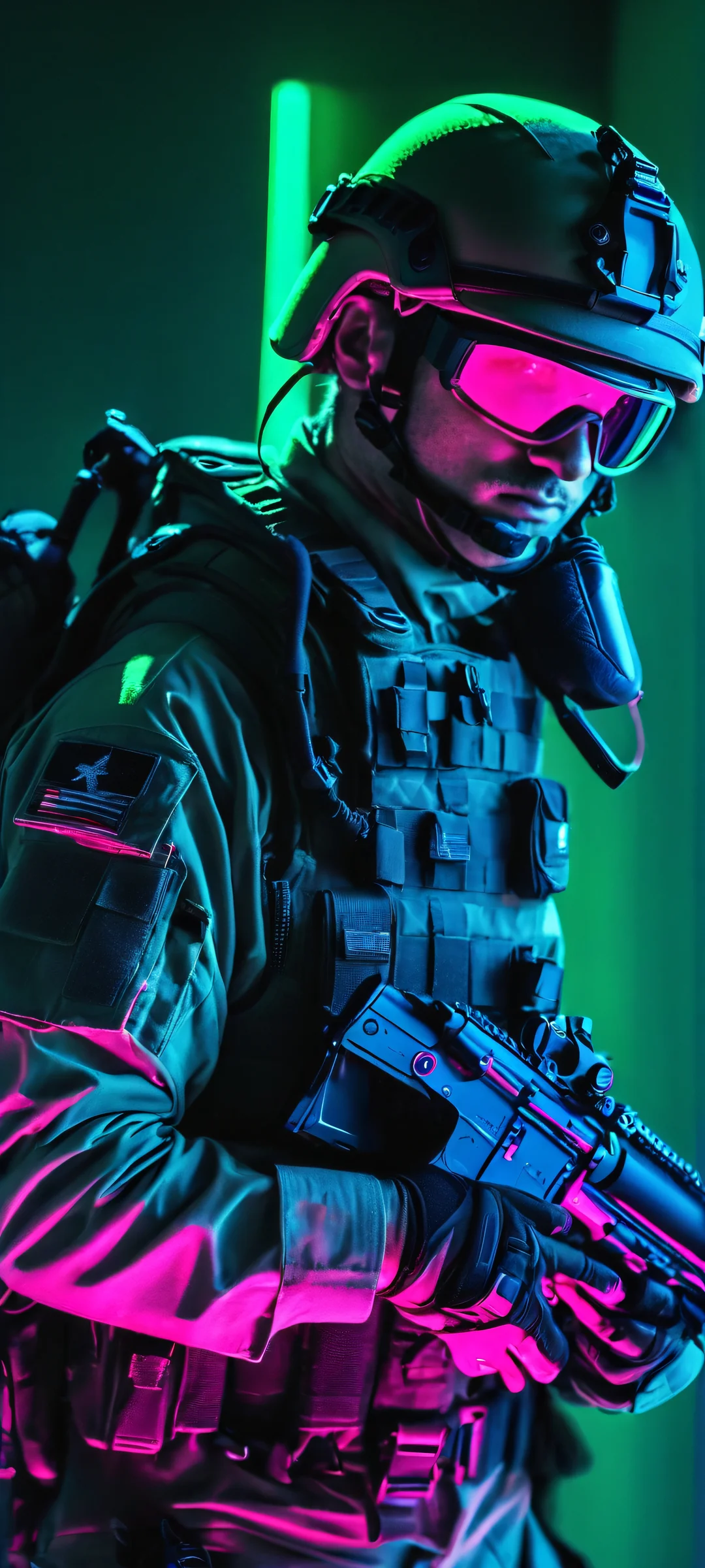 A futuristic soldier in neon tactical gear against a vibrant blue and green backdrop, perfectly optimized for iPhone, Samsung Galaxy, and Android home screens.