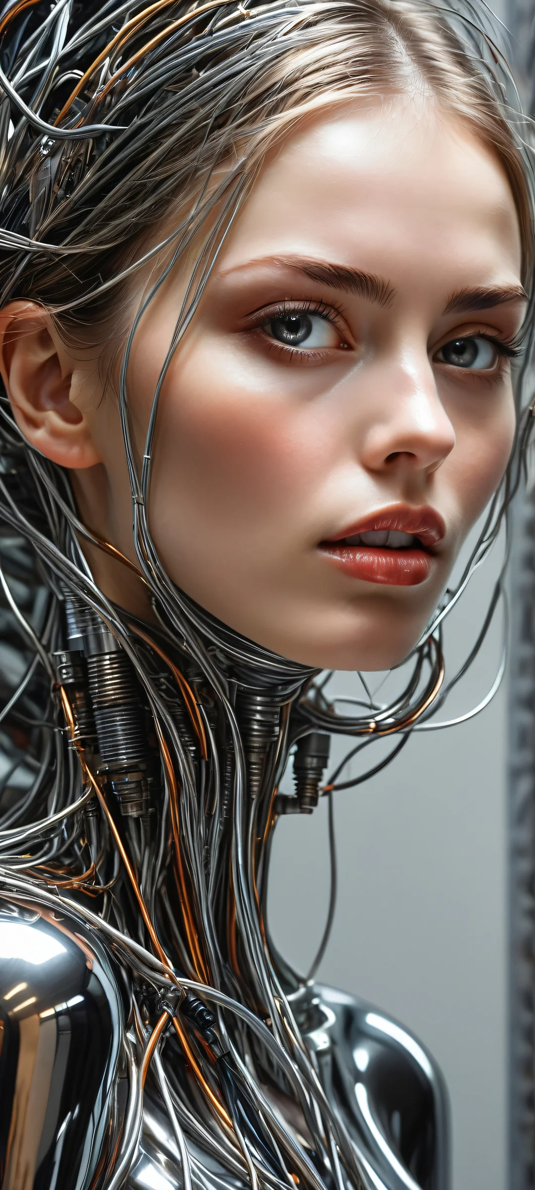 Breathtaking cyberpunk artwork of female figures amidst machinery and wires on iPhone/Android.