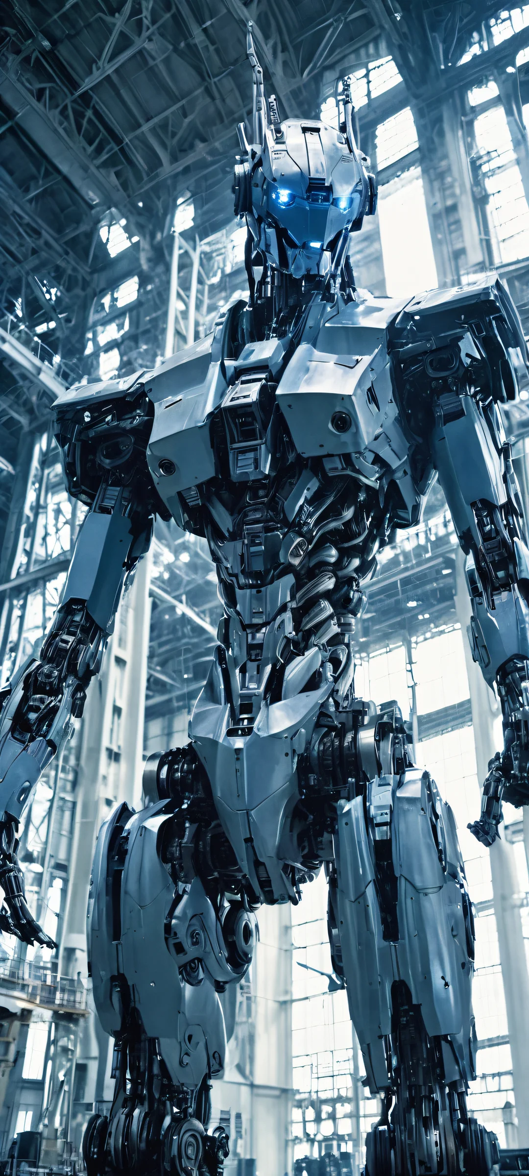 A stunning vertical portrait of a cybernetic giant standing in a darkened hangar, lit by a soft glow. Perfect for your iPhone or Android home screen.