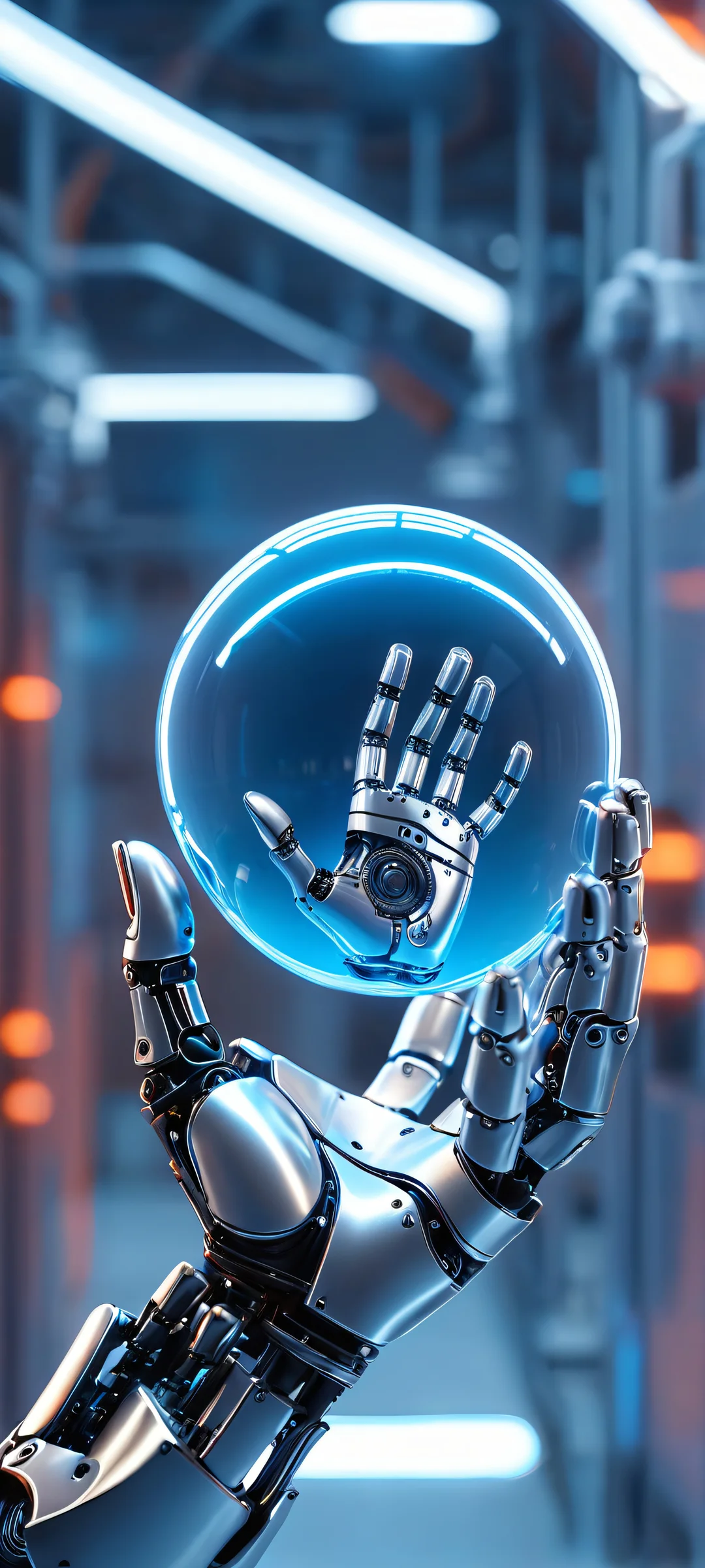 A robotic hand holds an orb amidst a surrealistic factory scene with neon blue and metallic silver accents, perfectly optimized for iPhone and Android home screens.