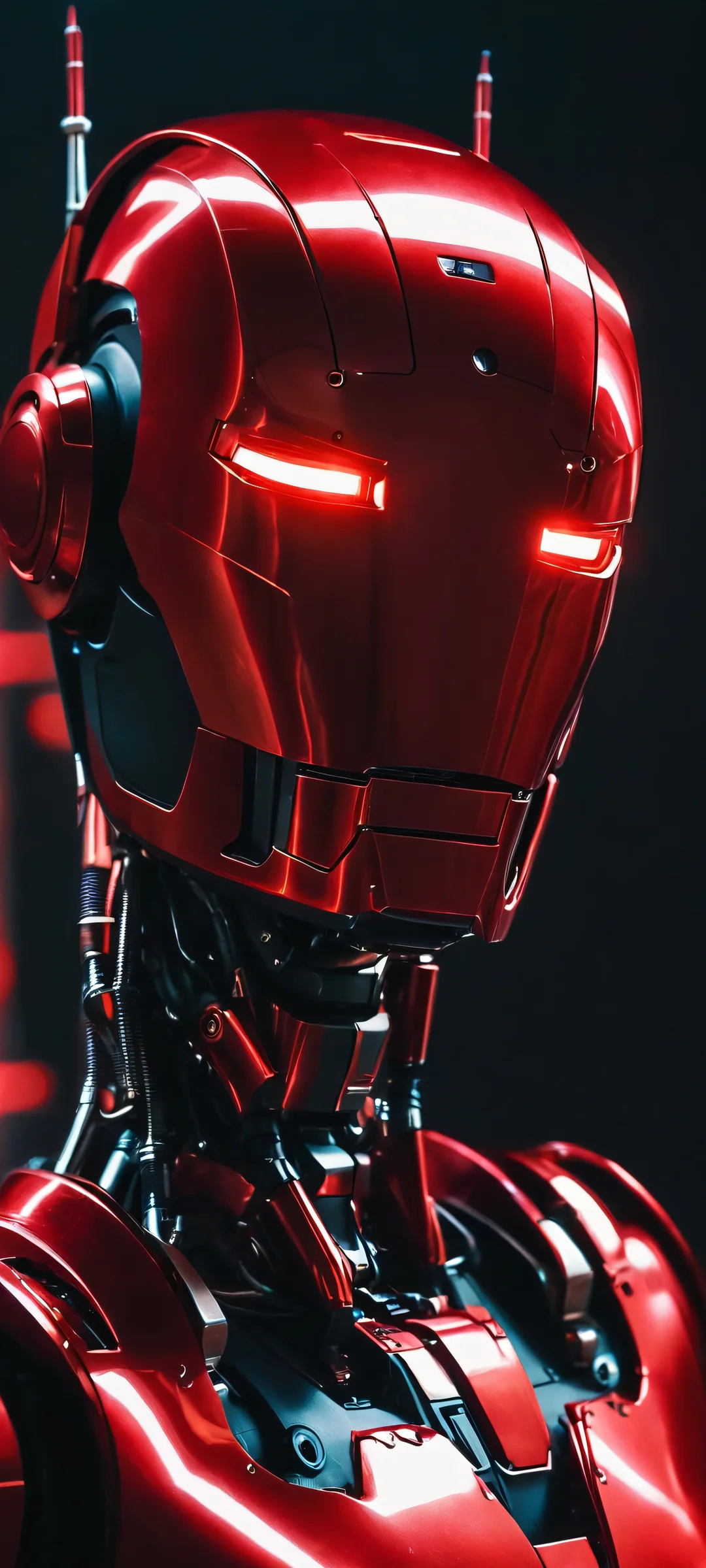 A futuristic robot rises from a dark background, glowing with metallic red accents, perfectly optimized for iPhone and Android home screens.