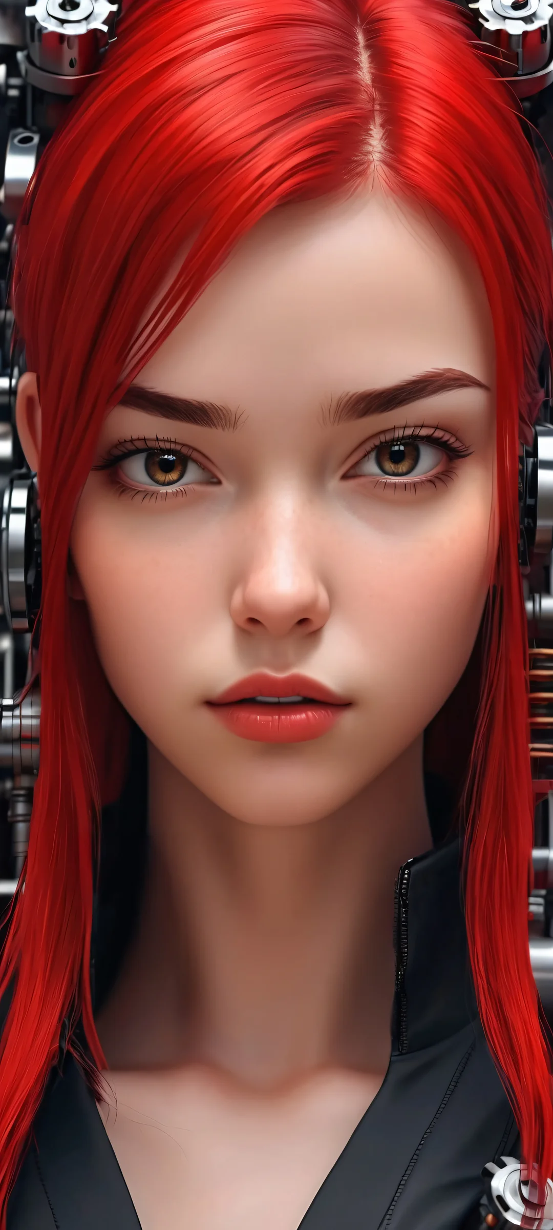 iPhone and Android mobile phone wallpaper featuring a girl surrounded by mechanical chaos, in red and black colors.