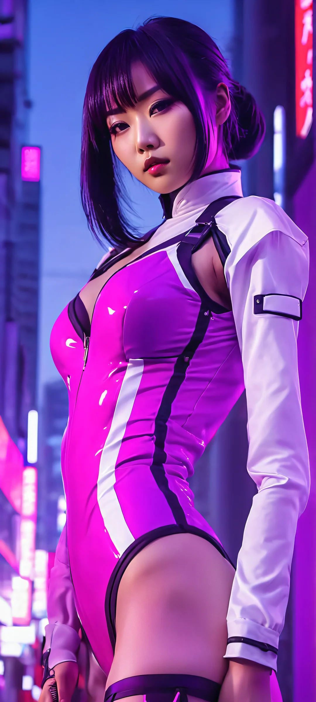 Cyberpunk Chic 2K QHD Mobile Wallpaper A stunning Asian cosplayer woman posing against a darkened cityscape backdrop in latex cyberpunk attire, surrounded by purple haze. Perfect for iPhone and Android home screens.