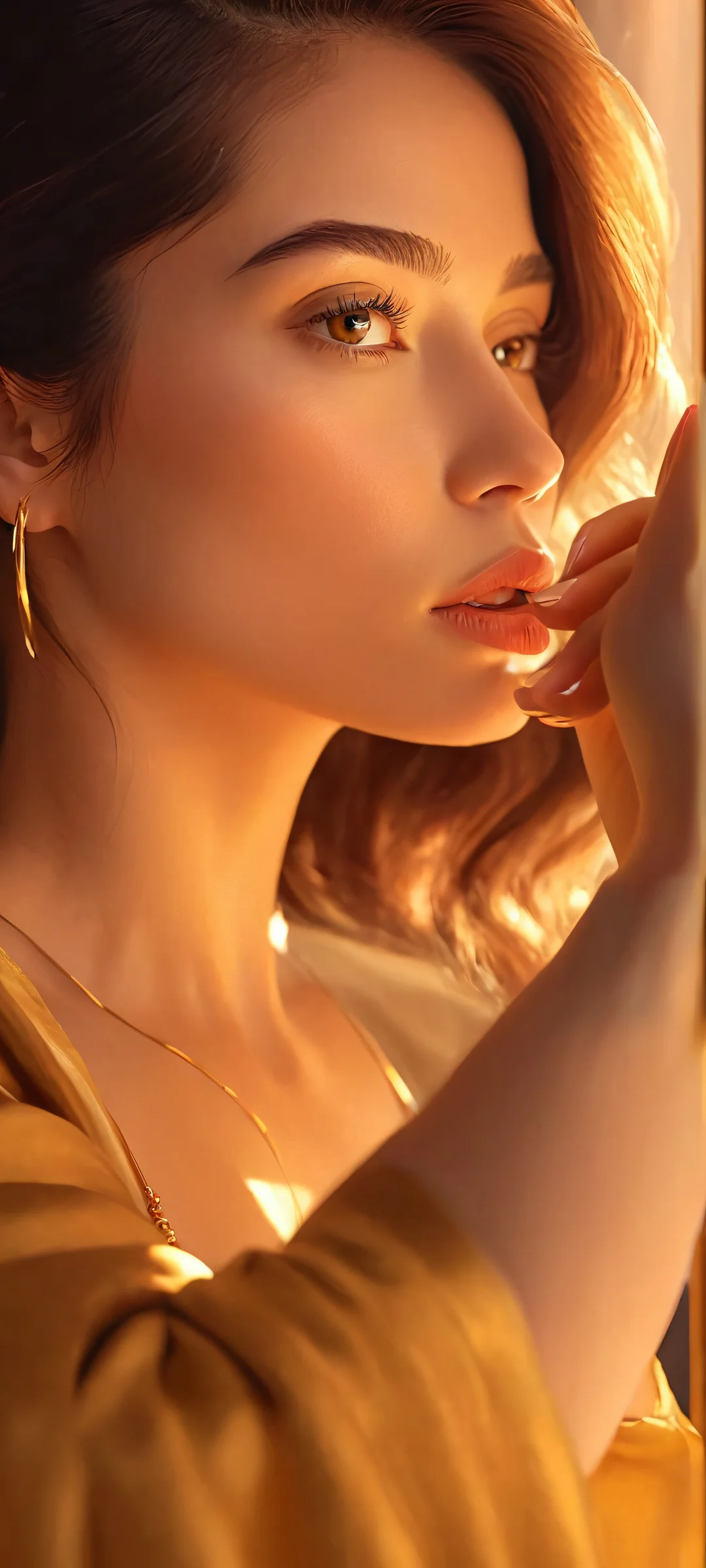 Cyberpunk Chic Lock Screen for iOS & Android iPhone and Android users will love this stunning cyberpunk wallpaper featuring a woman in a studio setting with subtle hints of illumination. Vibrant colors add depth to the golden tones.