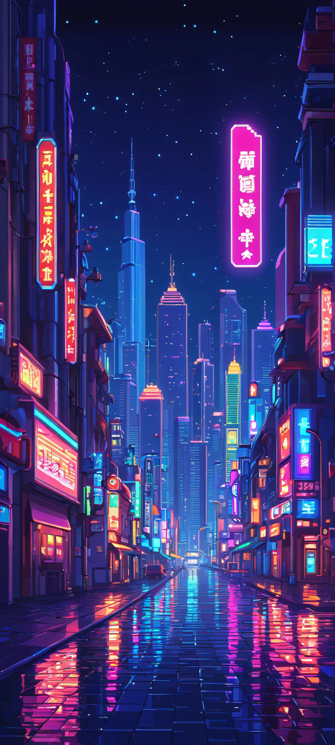 A stunning pixel art cityscape at night, perfect for iPhone and Android home screens. The bright lights of the city shine like diamonds against a dark blue sky.