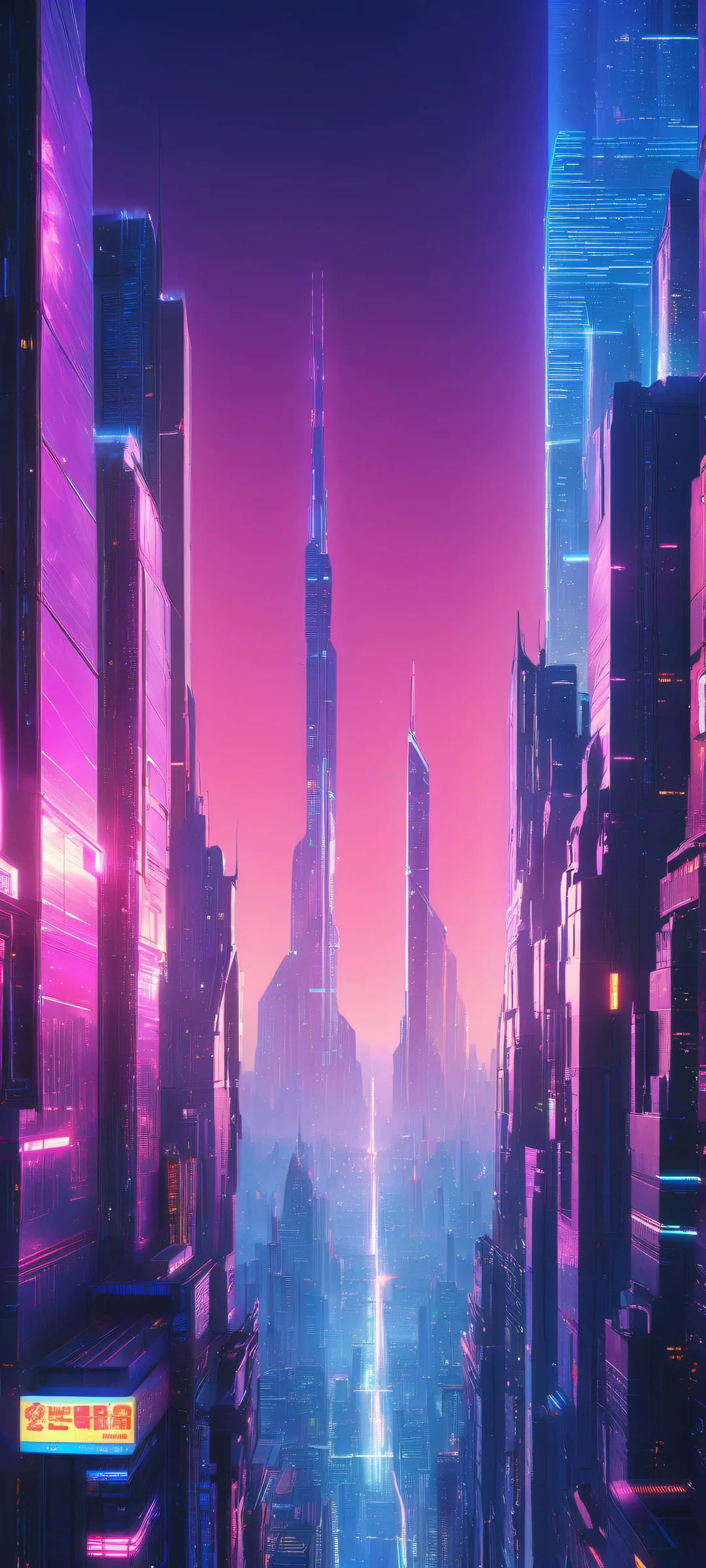 Cyberpunk cityscape artwork on iPhone/Android featuring towering skyscrapers and holographic advertisements against a pure void background.