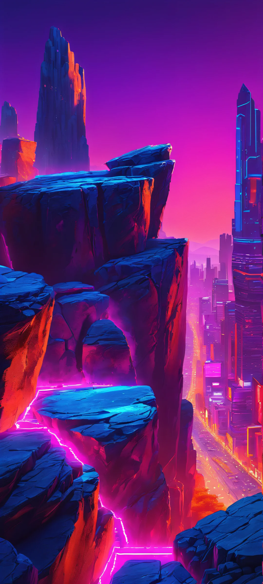 iPhone/Android vertical wallpaper of a breathtaking cyberpunk cityscape with neon lights and glowing luminous details.