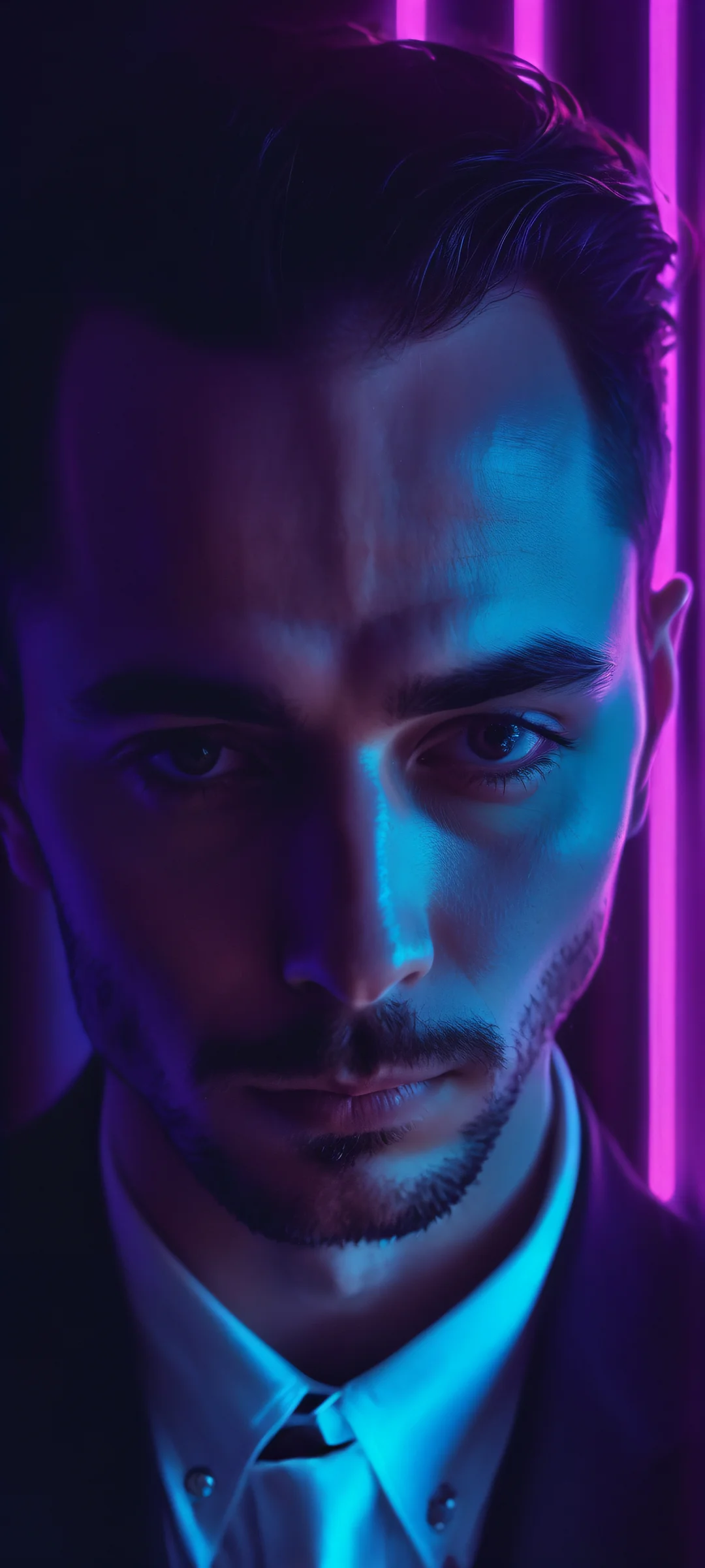 A stunning vertical mobile wallpaper featuring Portraits in a dark and eerie atmosphere with Neon glows, perfectly optimized for iPhone, Samsung Galaxy, and Android home screens.