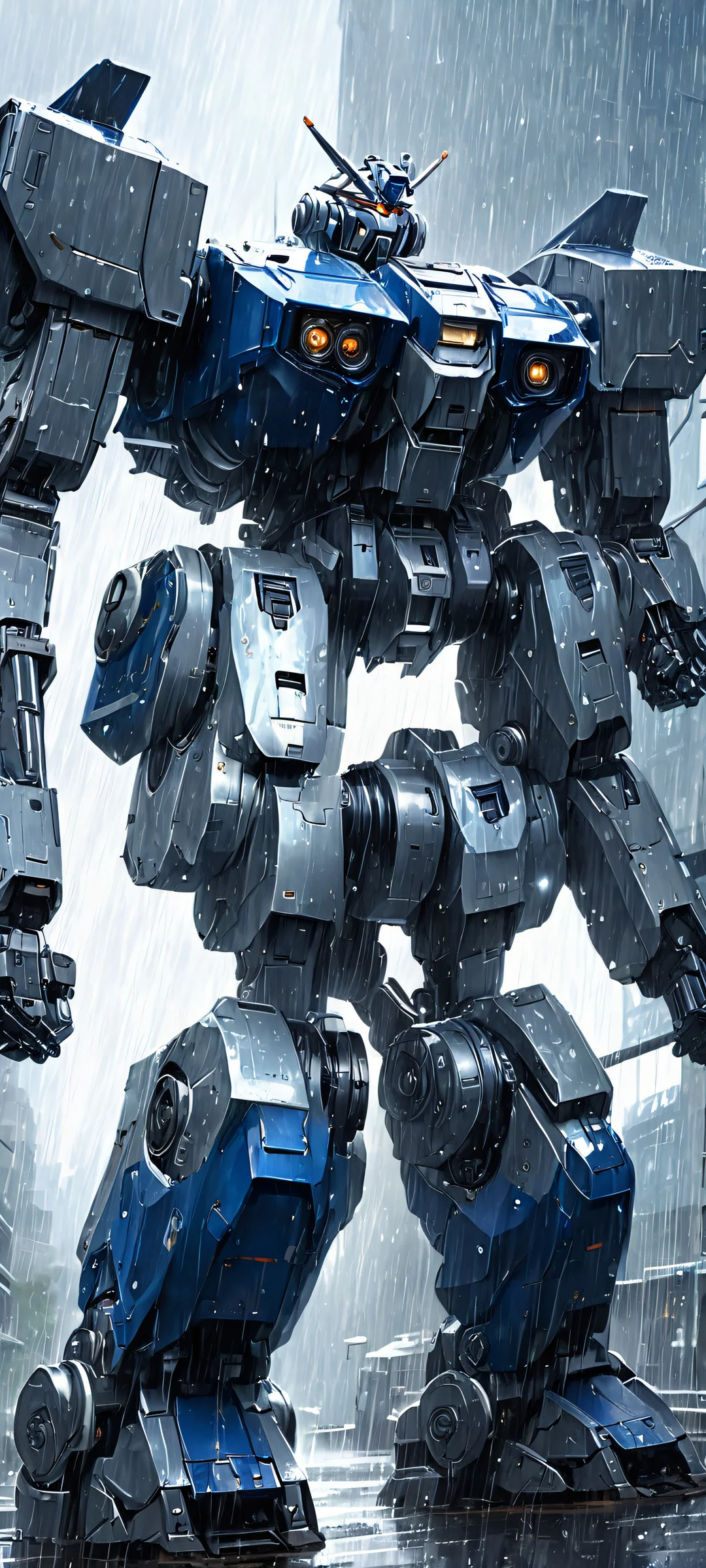 Mecha masterpiece set against a rainy cityscape. Perfectly optimized for iPhone and Android home screens.