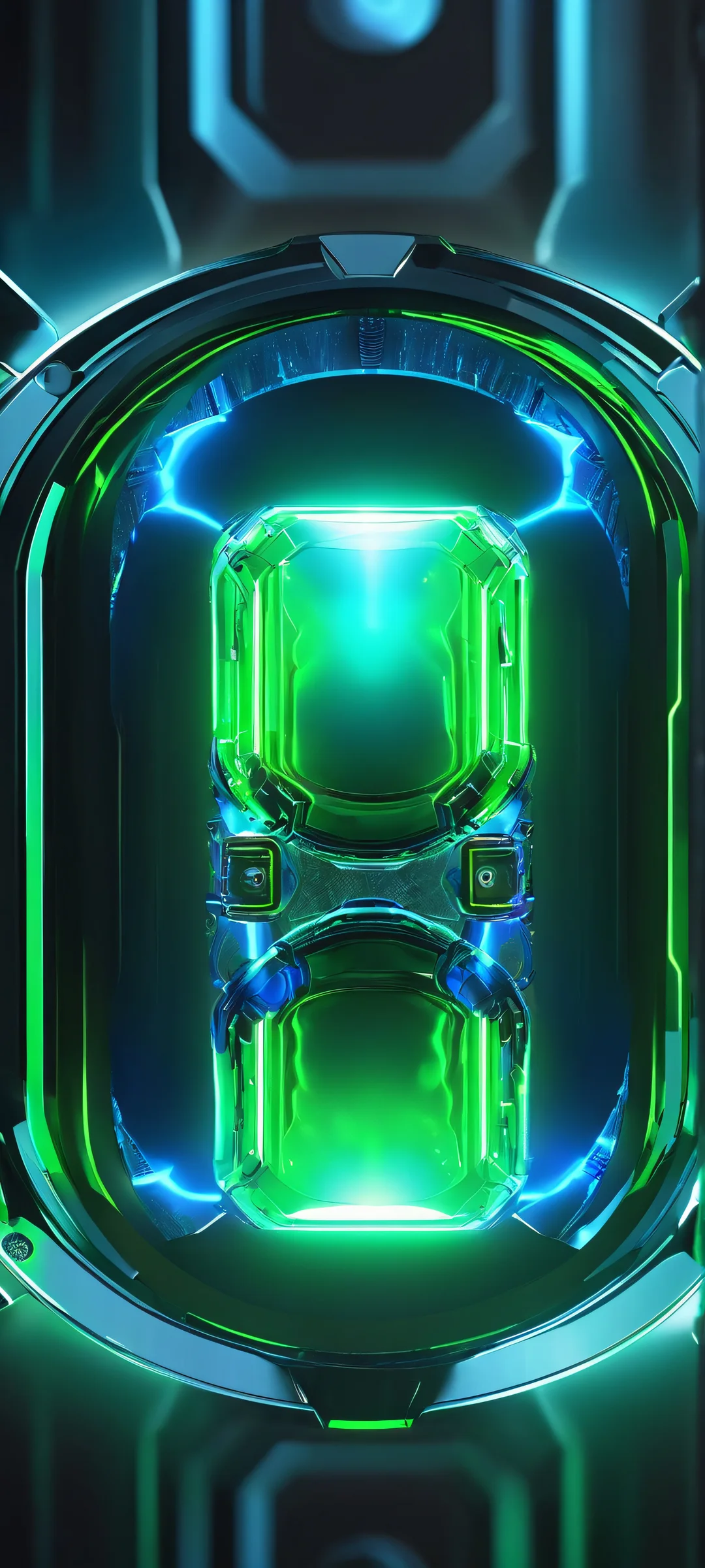 Cyberpunk Energy Core 2K QHD Mobile Wallpaper A stunning iPhone and Android compatible mobile wallpaper of an energy core glowing in neon green, metallic grey, and deep blue. Perfect for customizing your phone's home screen.