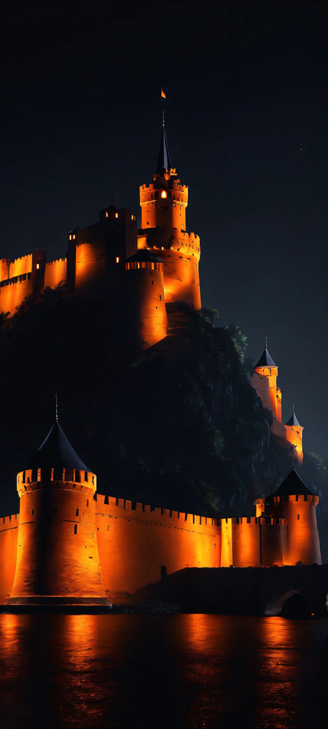 iPhone and Android mobile phone wallpaper of a futuristic fortress at night with black and orange accents.