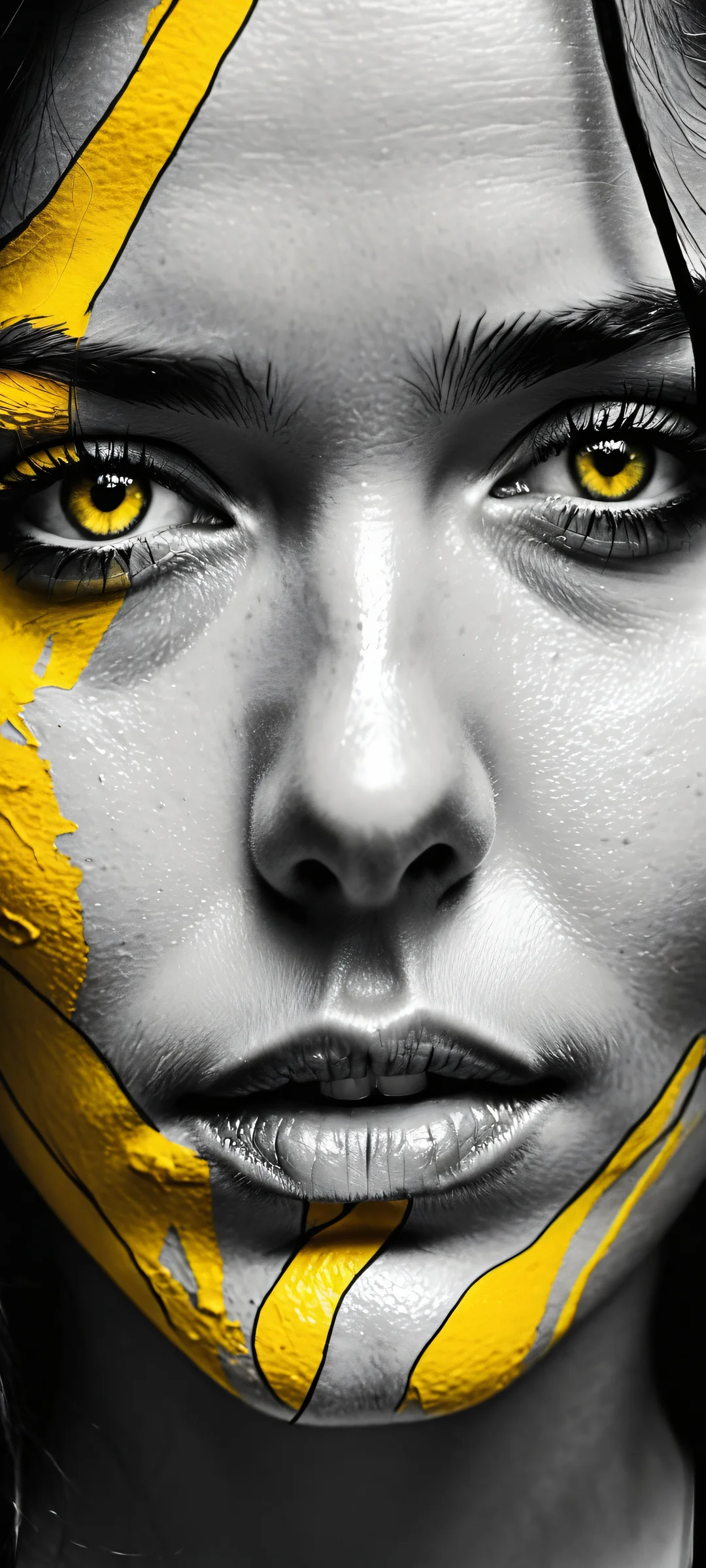 Cyberpunk Masterpiece QHD Smartphone Background A stunning cyberpunk face design for iPhone and Android, featuring a high-contrast doodle in shades of yellow and grayscale.