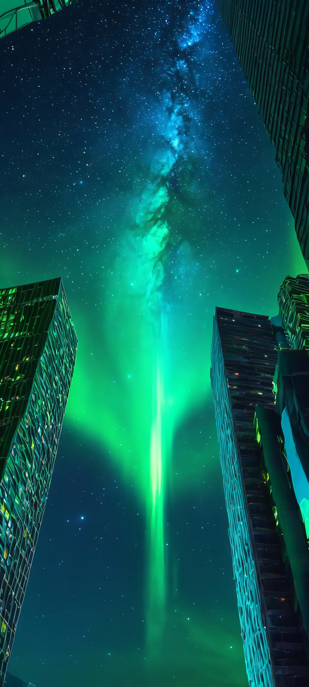 A stunning vertical iPhone and Android wallpaper featuring a vibrant night sky with deep blues and neon greens. Perfectly optimized for your mobile phone.