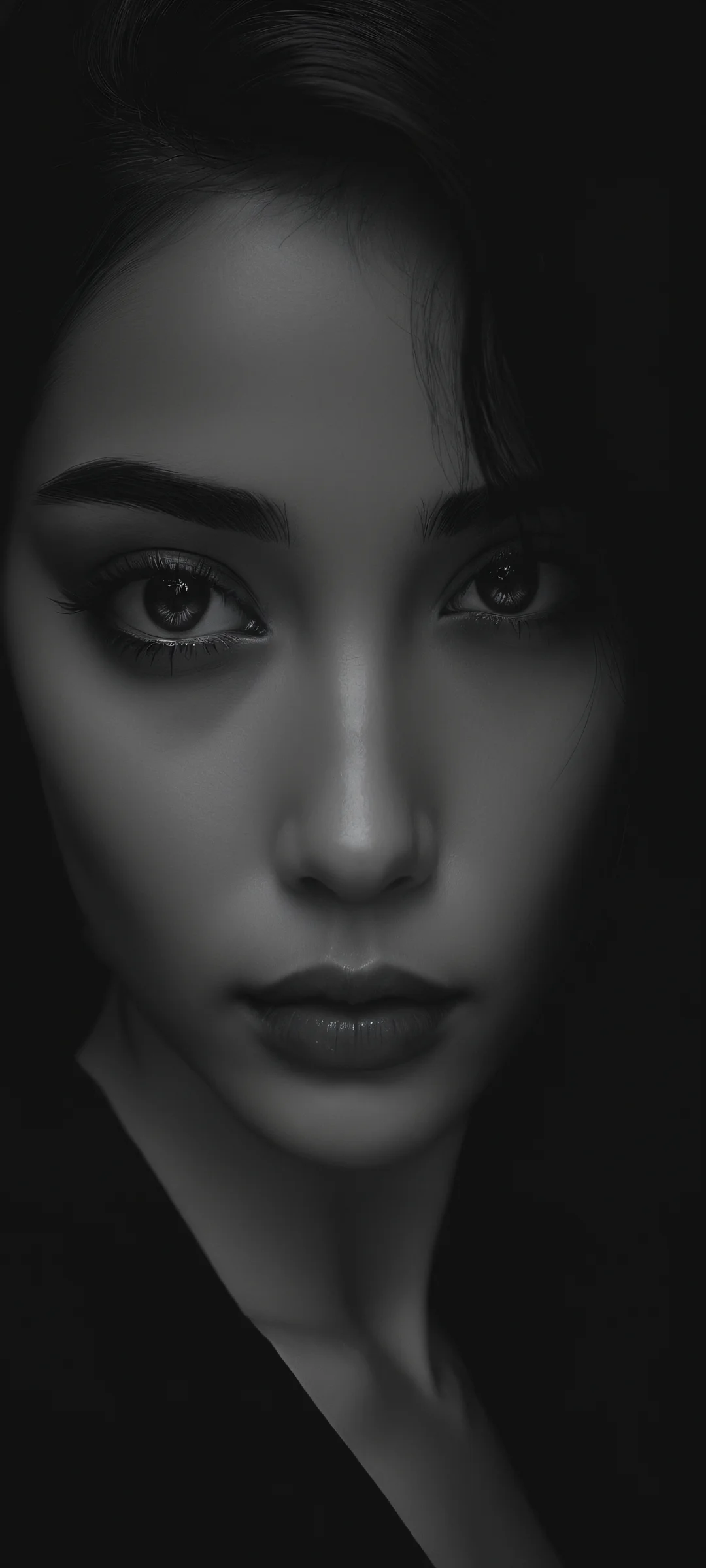 iPhone and Android mobile wallpaper of dark and haunting cyberpunk portraits against a shadowy background.