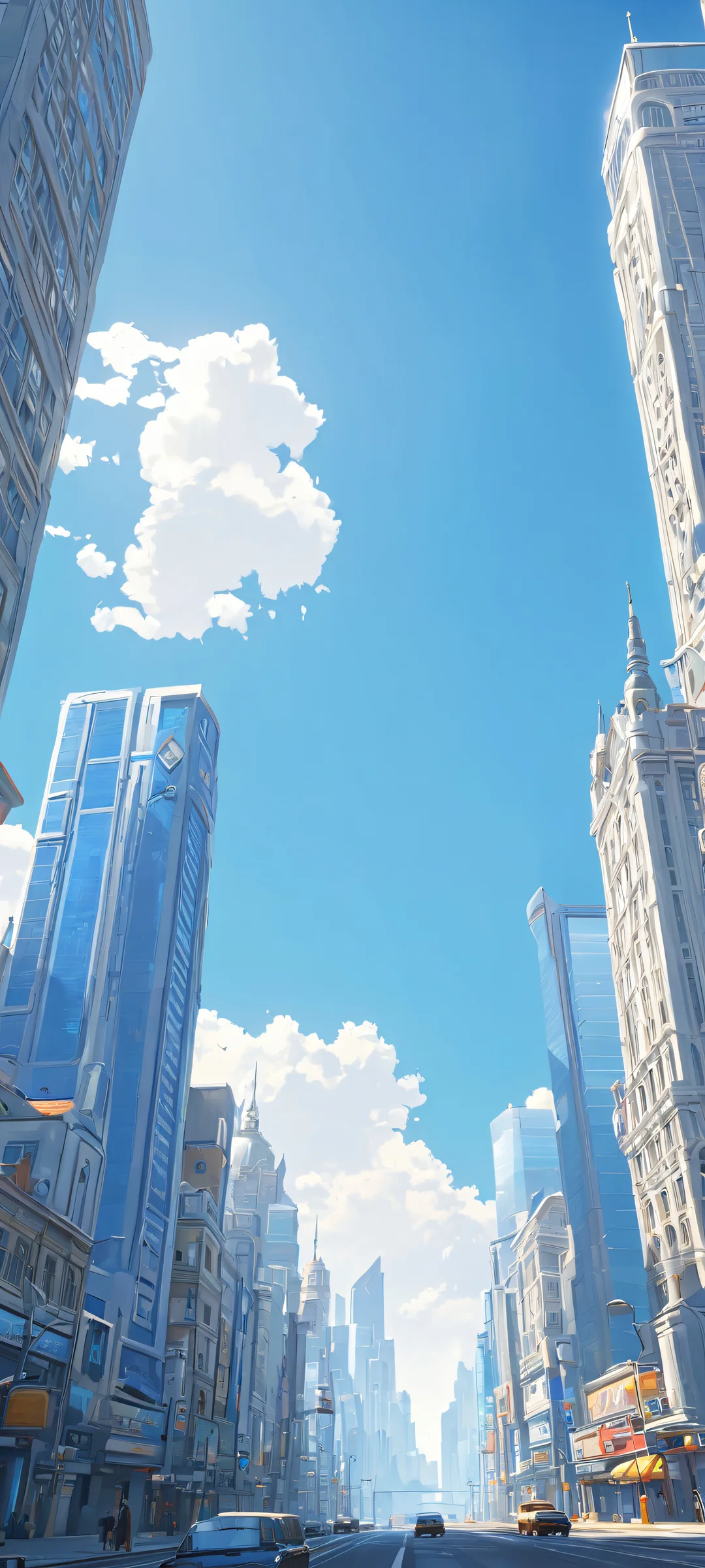 Daytime cityscape in a cyberpunk world, perfectly optimized for iPhone and Android home screens. A beautiful blend of blue and gray tones.