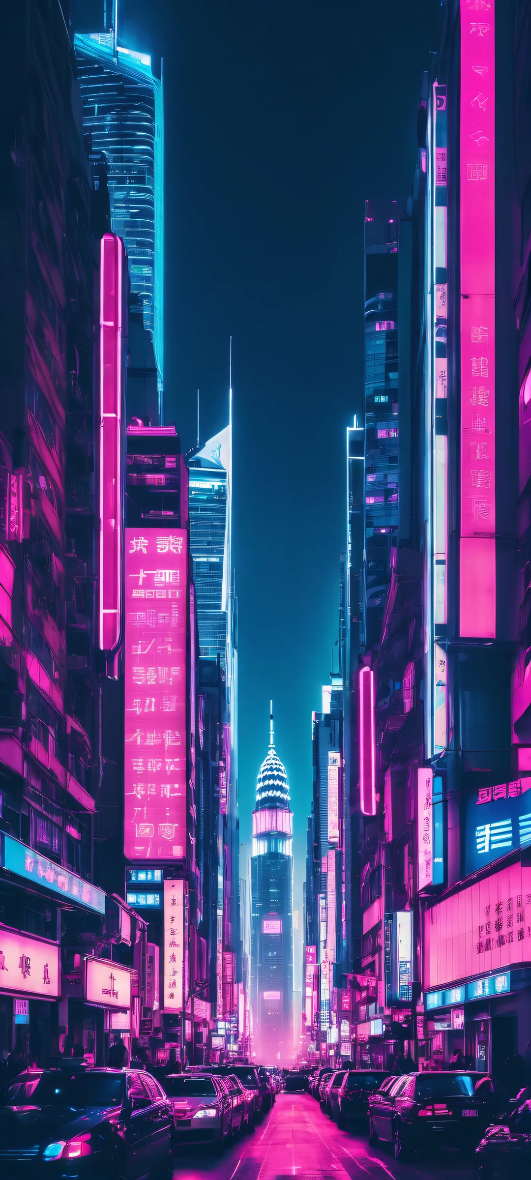 A futuristic cityscape at night, with neon lights and metallic skyscrapers, perfectly optimized for iPhone/Android home screens.