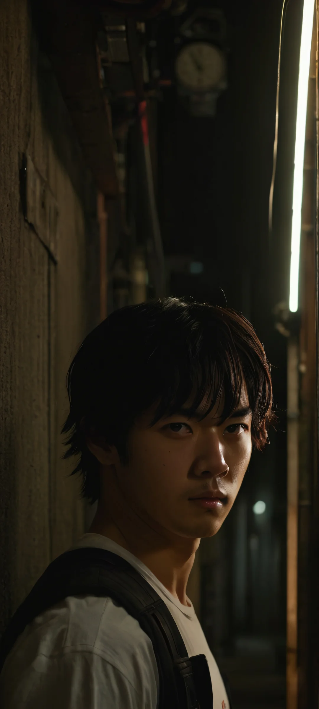 Cyberpunk Rebellion QHD Smartphone Background iPhone/Android wallpaper of a chainsaw-wielding protagonist in a gritty alleyway with neon lights, machinery, and action sequences.