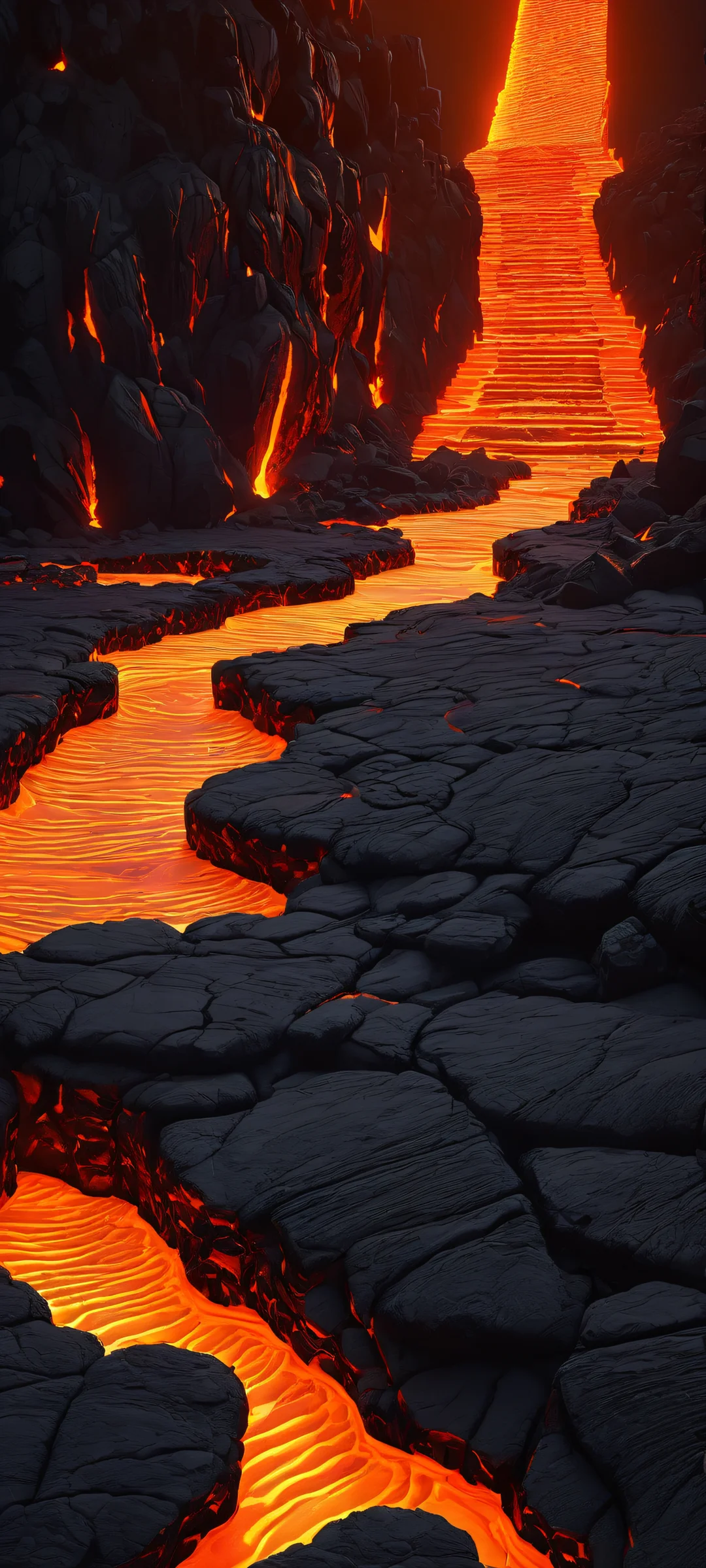 Cyberpunk Ruins 2K QHD Home Screen iPhone/Android wallpaper featuring a breathtaking view of a volcanic fortress and lava river, with bold architecture and molten glow. Perfectly optimized for iPhone, Samsung Galaxy, and Android home screens.