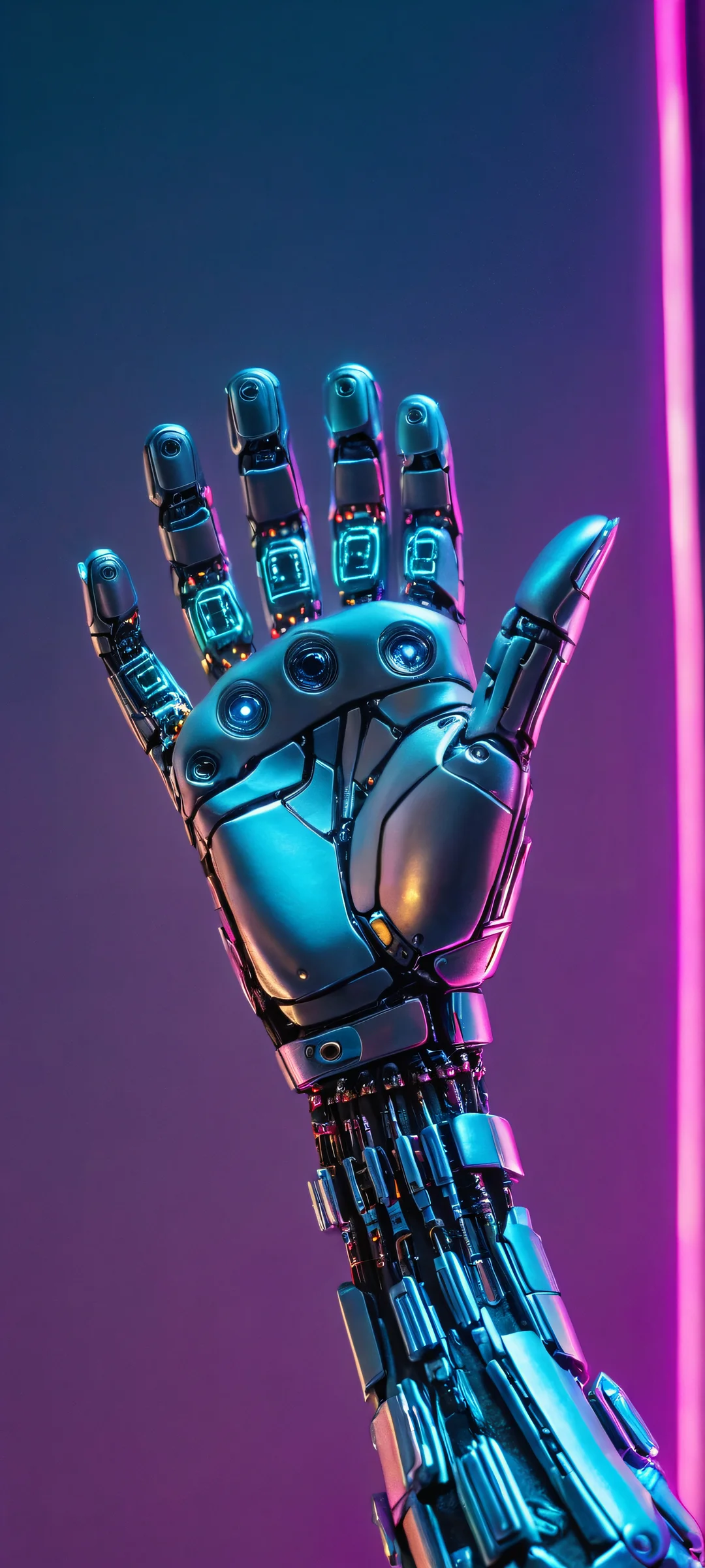 A futuristic cyborg hand rises from a neon-grid digital landscape, with laser beams and swirling colors, perfect for iPhone/Android home screens.