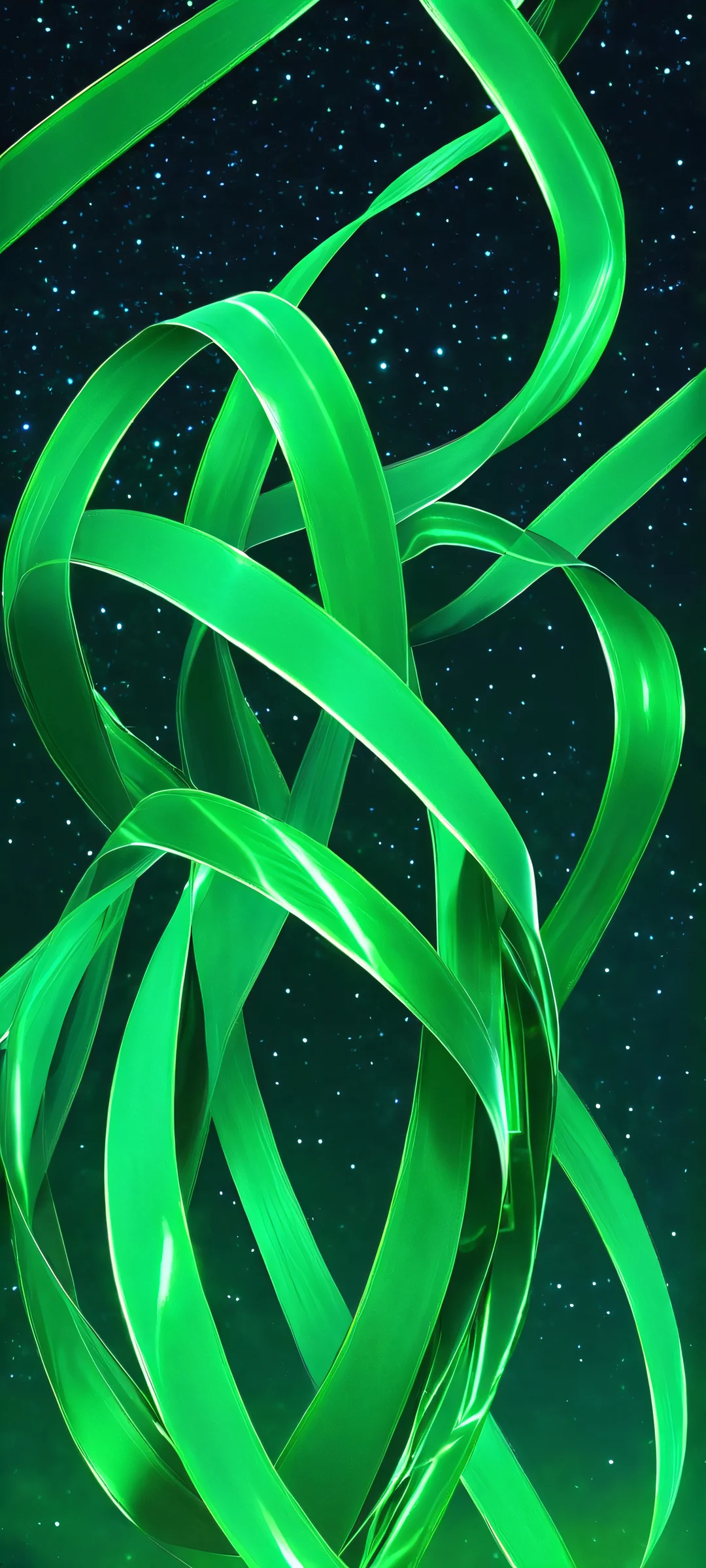 Dancing Ribbons in Cosmic Bloom QHD Phone Background A mesmerizing iPhone/Android wallpaper featuring dancing green ribbons against a stunning night sky with retro-futuristic flair.