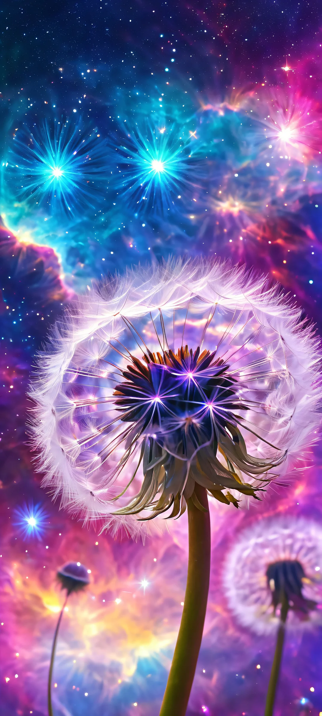 A stunning image of dandelions growing amidst a vibrant nebula, perfect for iPhone/Android home screens.