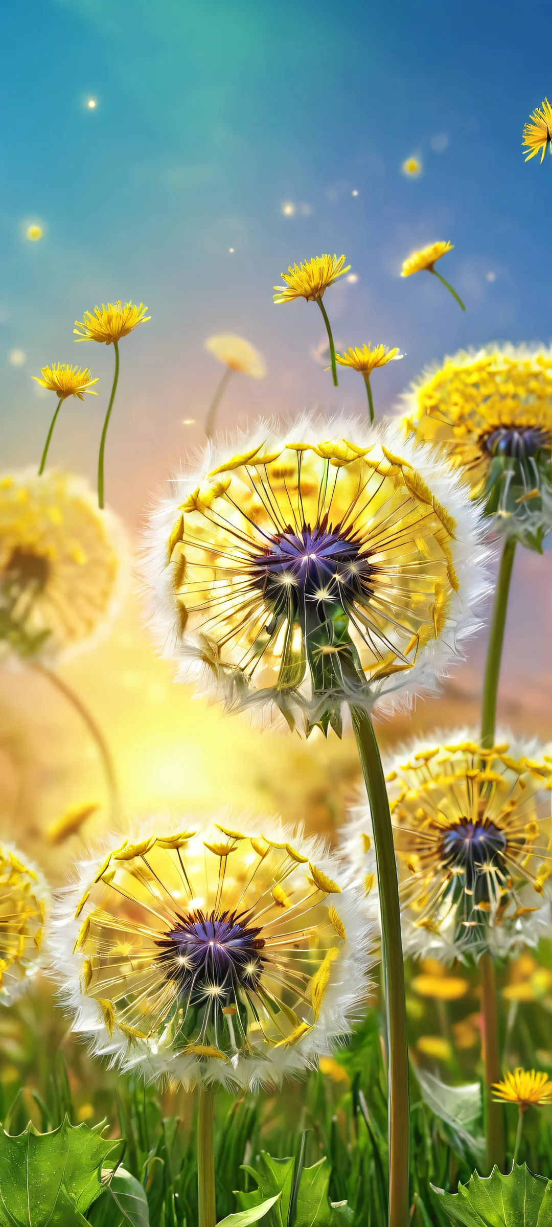 A stunning vertical mobile wallpaper featuring dandelions in a cosmic setting. Perfectly optimized for iPhone and Android home screens.