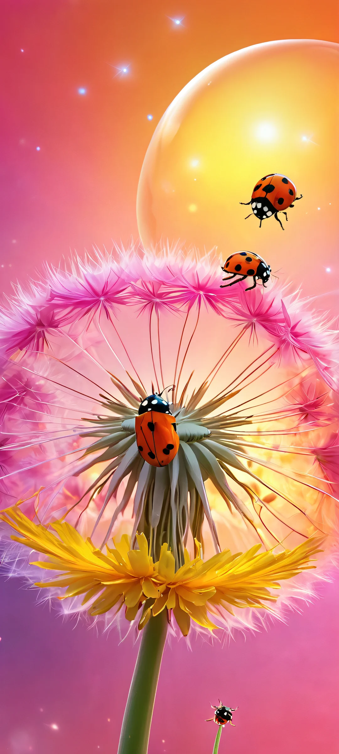 A stunning image of dandelions and a ladybug against a cosmic background, perfect for iPhone/Android home screens.