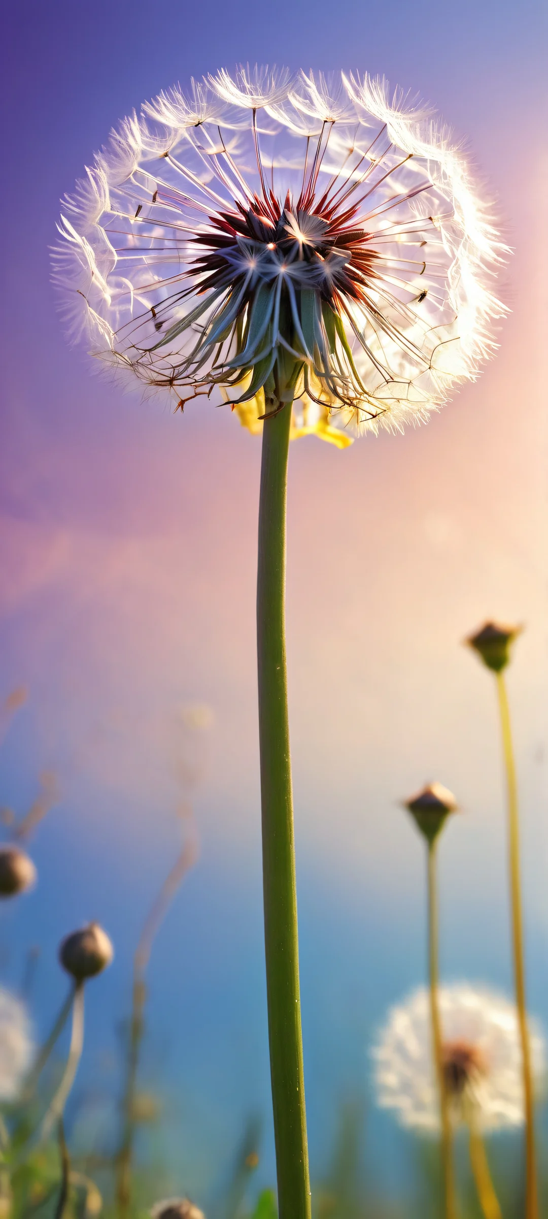 iPhone and Android wallpaper of a delicate dandelion with intricate micro-details, set against a vast pure void with ethereal lighting.